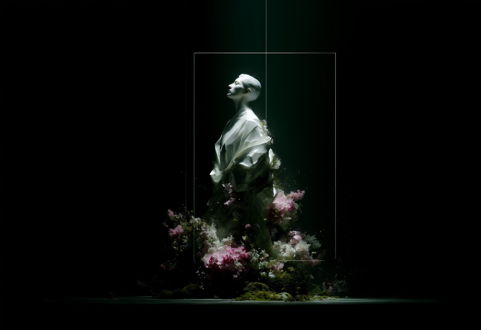 Synthetic figure assembled from light and data.
