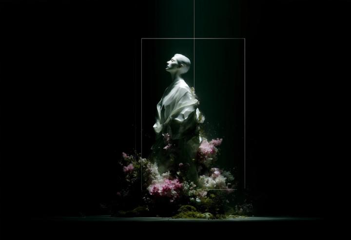Synthetic figure assembled from light and data.