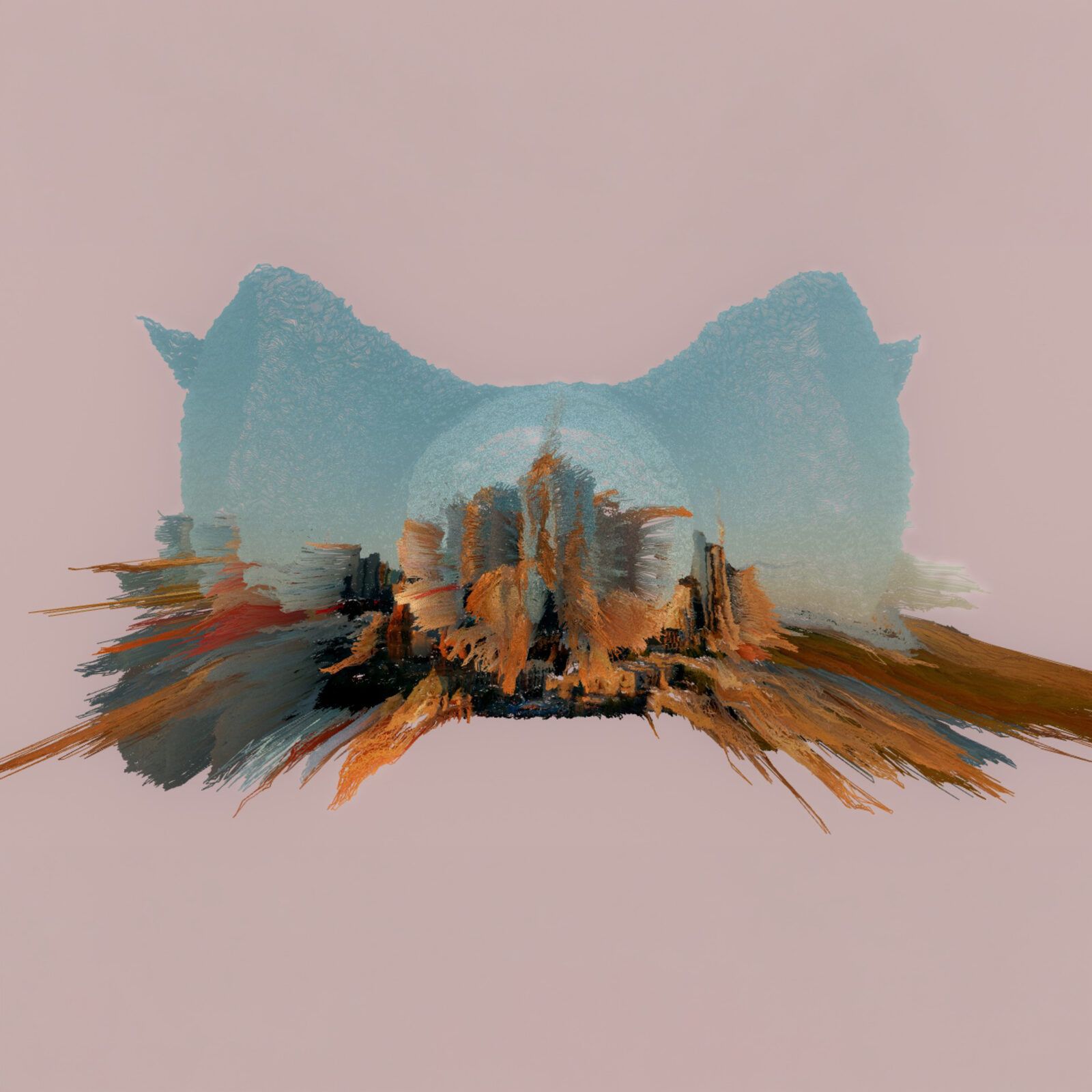 A pale blue landform dissolving into orange strands, suspended on a dusty pink field.
