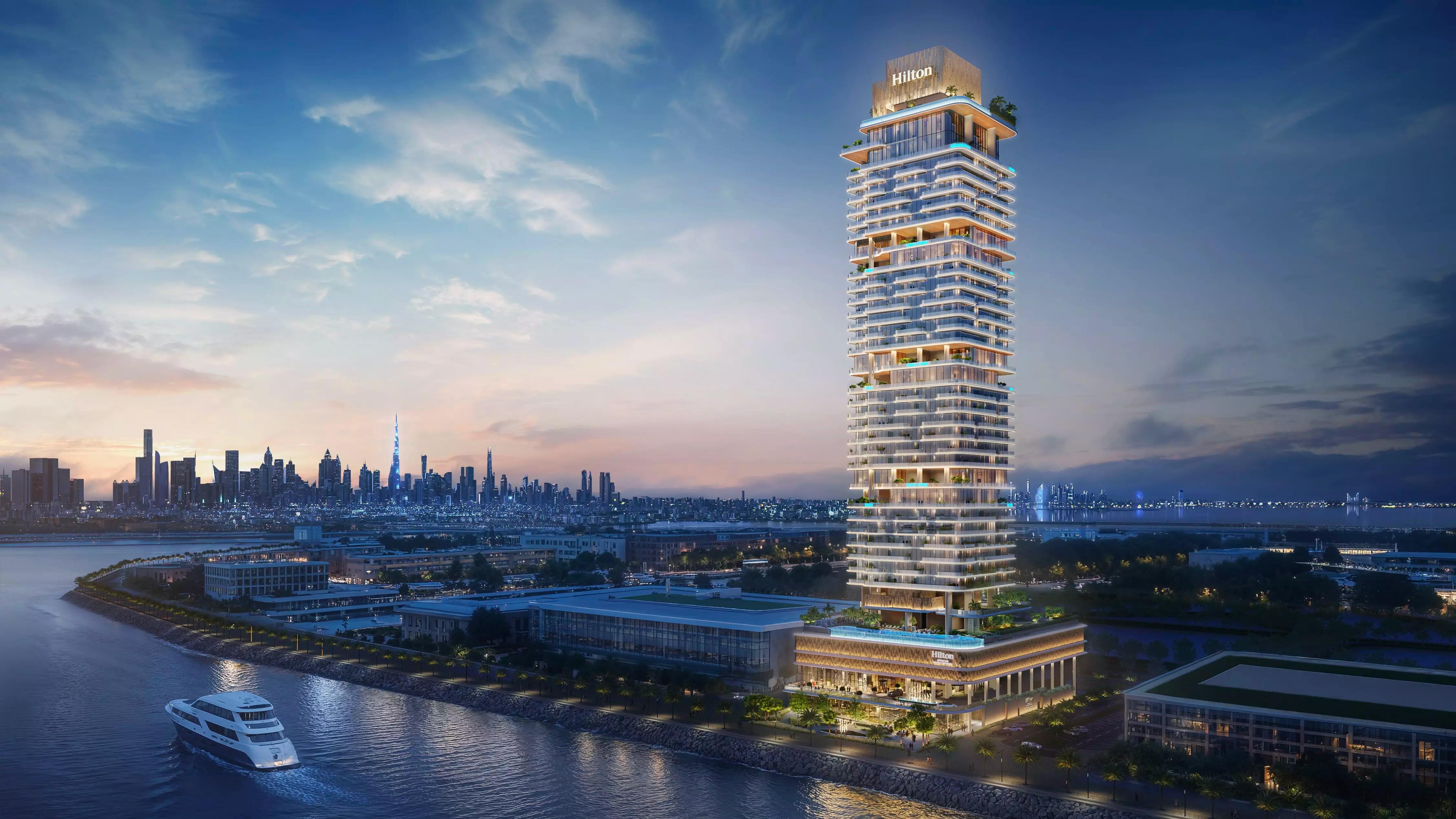 Prestige One Residences tower exterior view, Dubai Maritime City