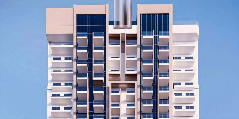 Exterior facade of Q Gardens Lofts Phase 2 apartment building in Jumeirah Village Circle, Dubai