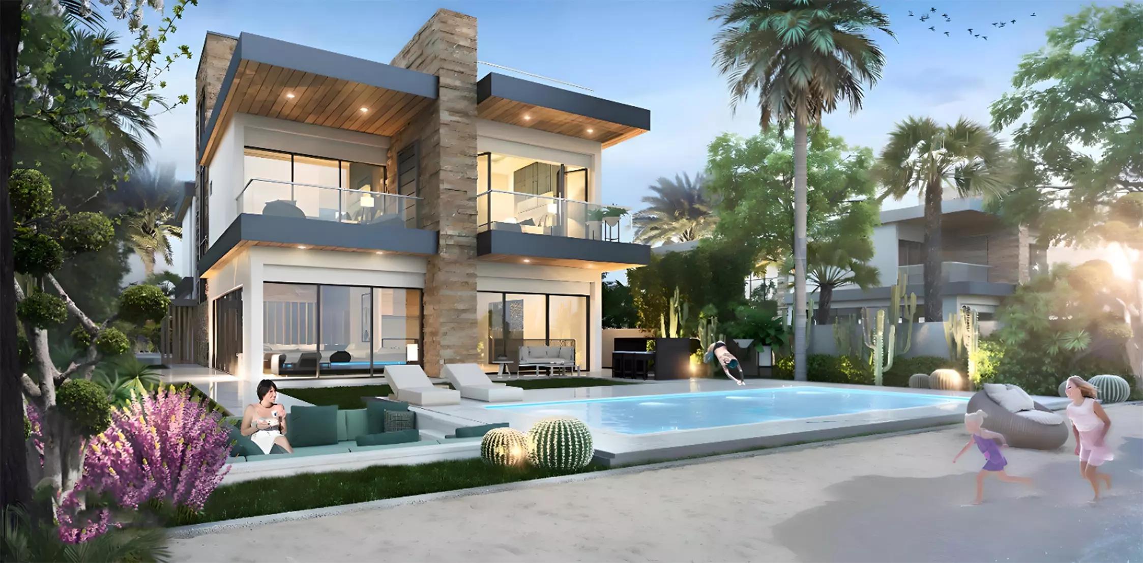 Costa Brava community street view with low-rise villas, DAMAC Lagoons, Dubai