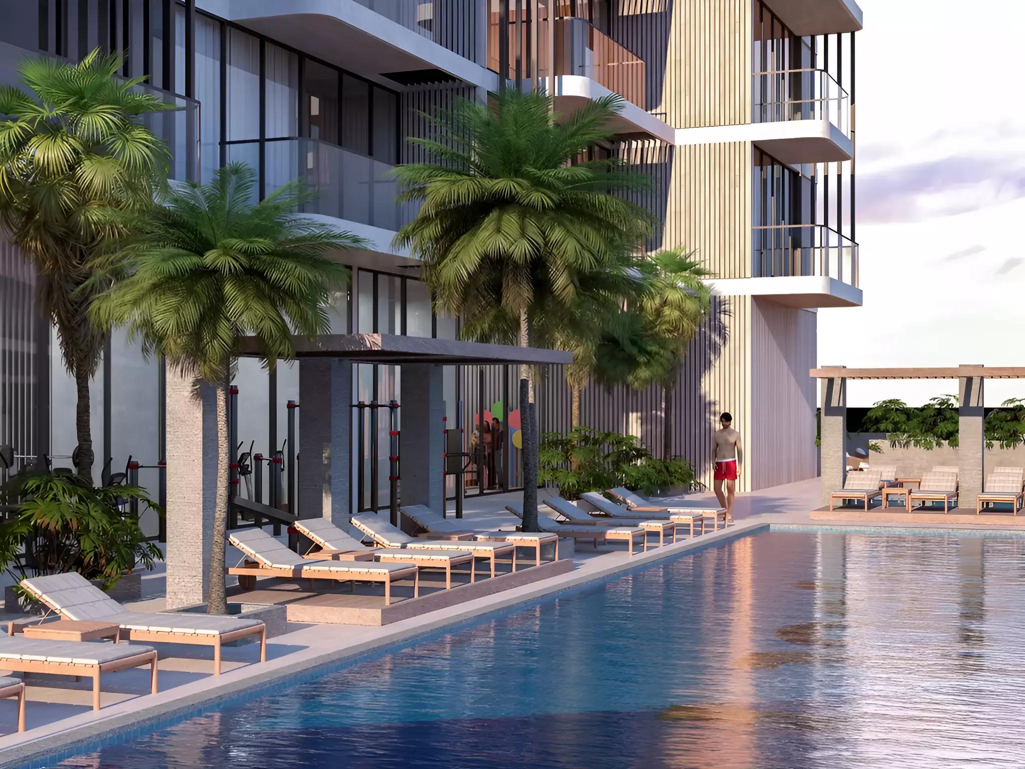 Tetris Tower exterior facade in Jumeirah Village Circle, Dubai