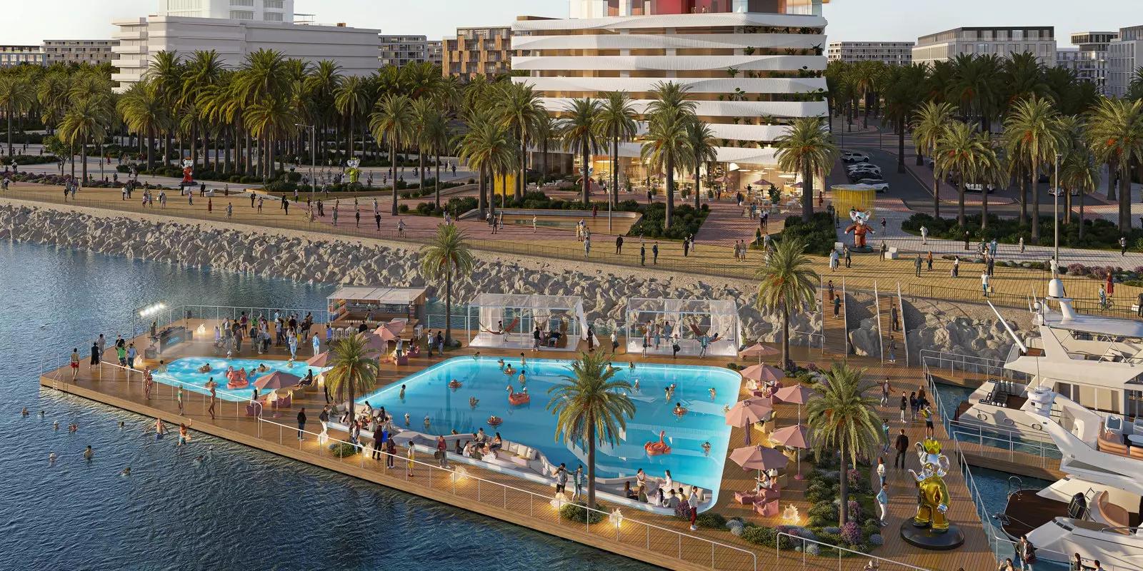 Coral Reef building facade and waterfront setting, Dubai Maritime City