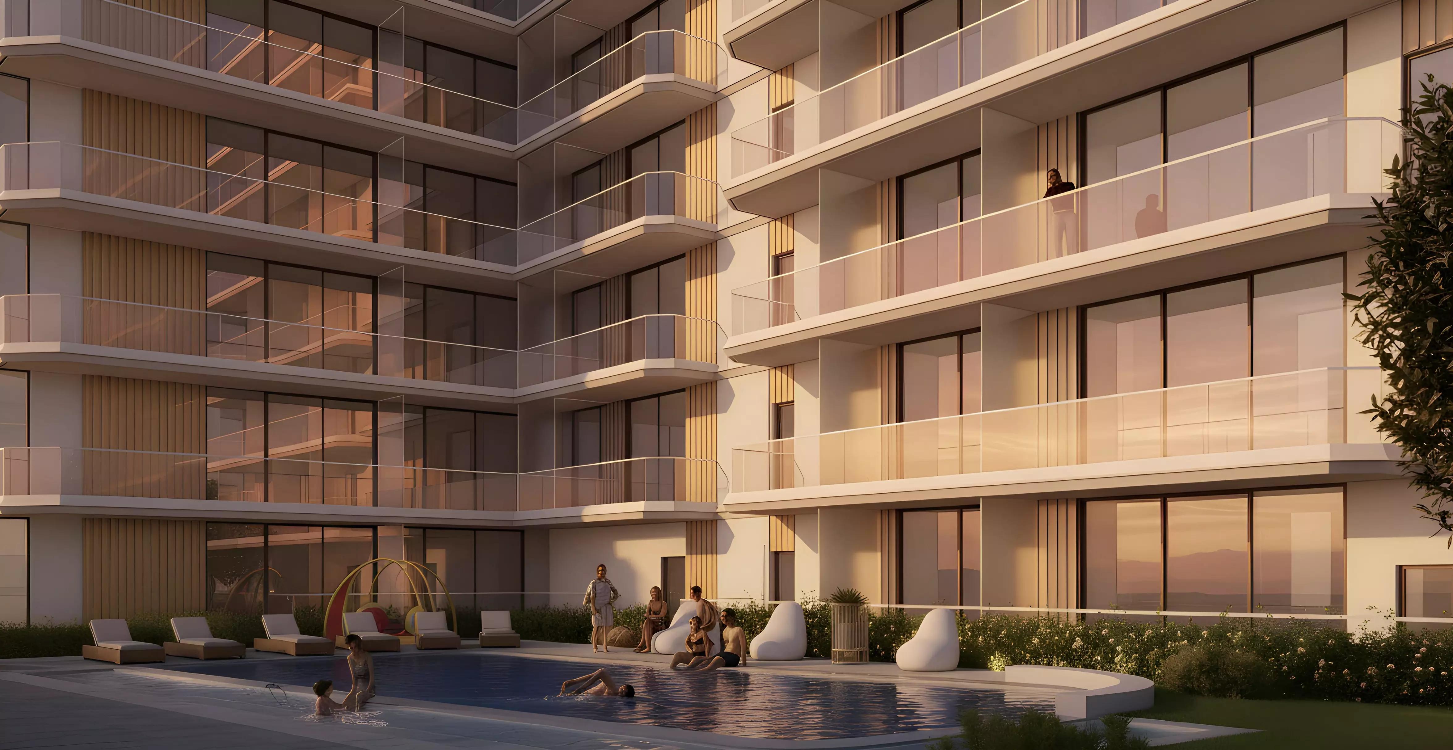 09 Life Residences amenity area with pool and gardens, DLRC, Dubai