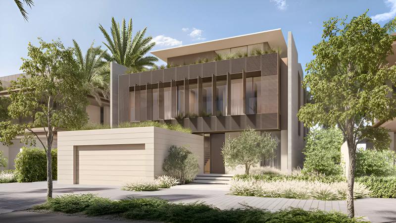 Villa Cobalt exterior facade with landscaped entrance, Palm Jebel Ali, Dubai