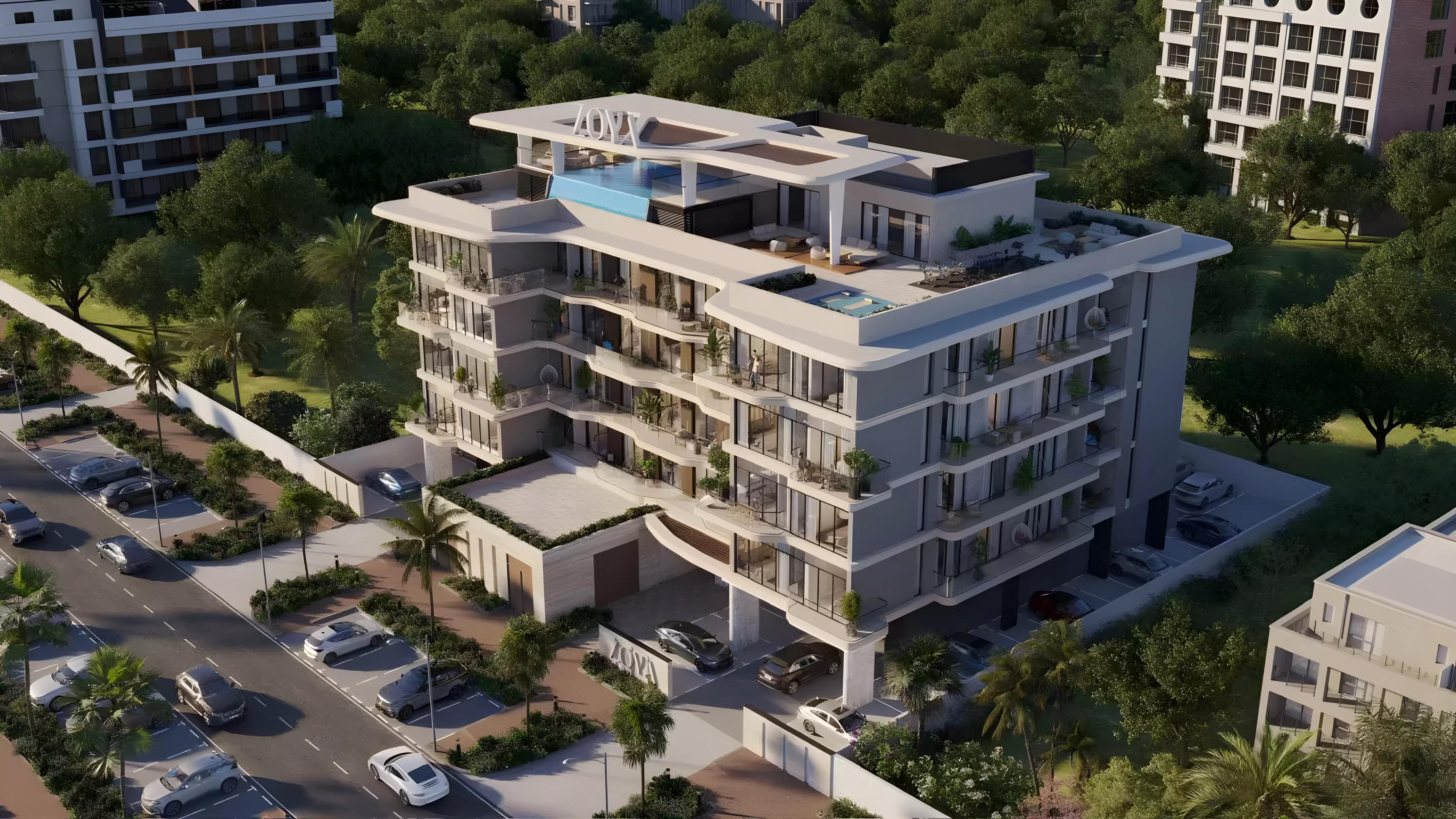 Exterior facade render of Miorah by Zoya apartment building, Dubai South