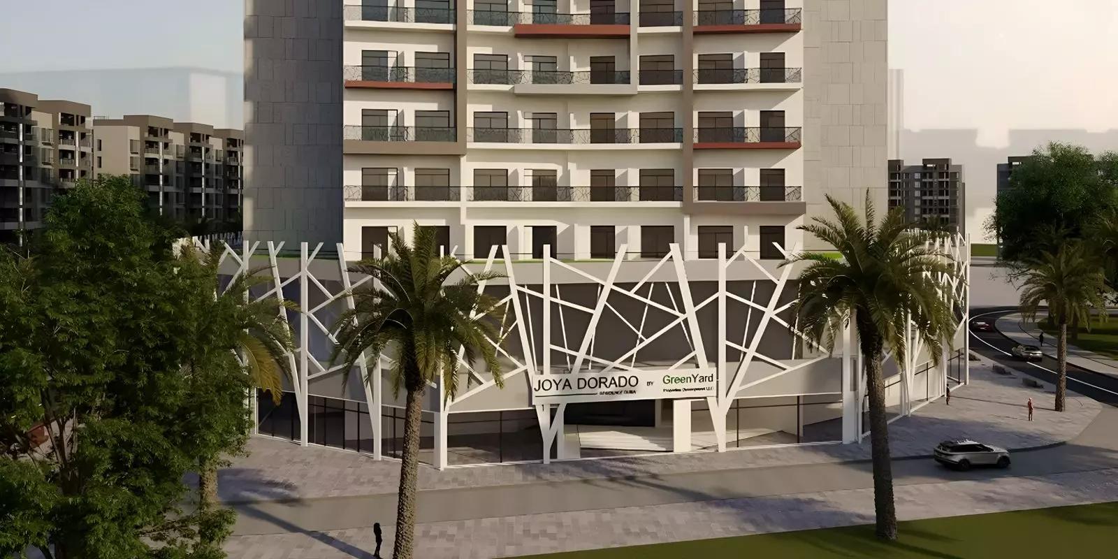 Joya Dorado apartment building entrance and landscaping, Arjan