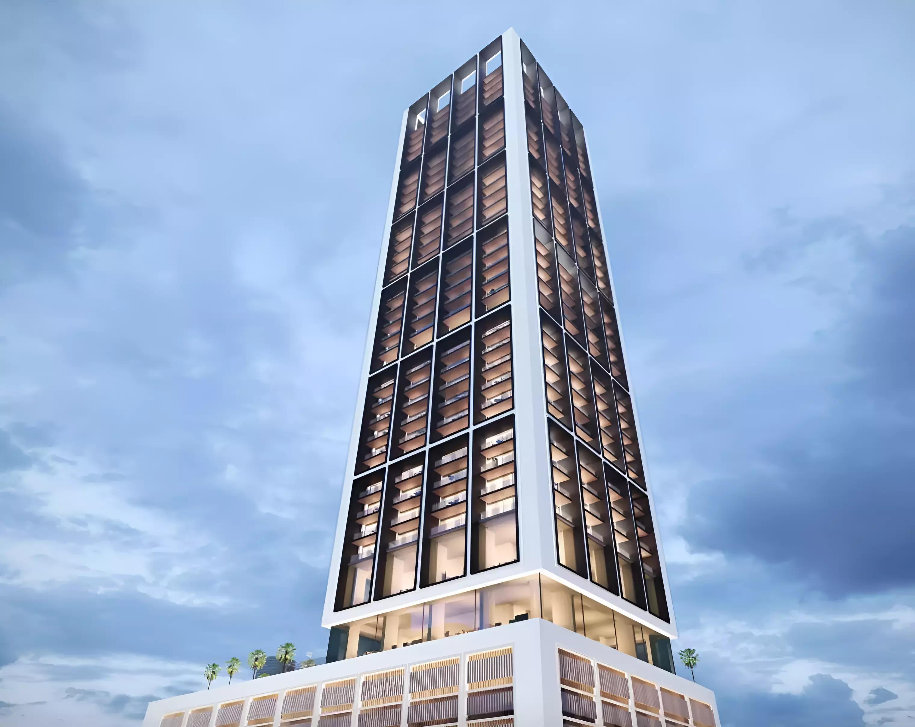 Binghatti Apex building elevation and entrance, JVC, Dubai