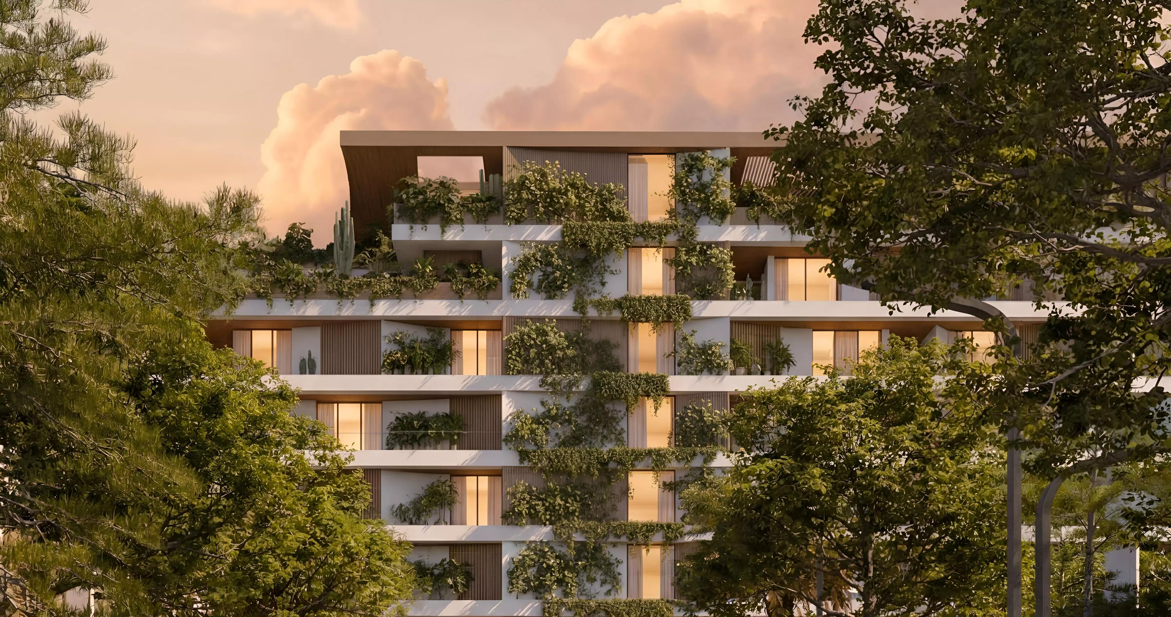 Exterior facade of Cove at Lunaya Terraces apartment building, Jebel Ali Village, Dubai