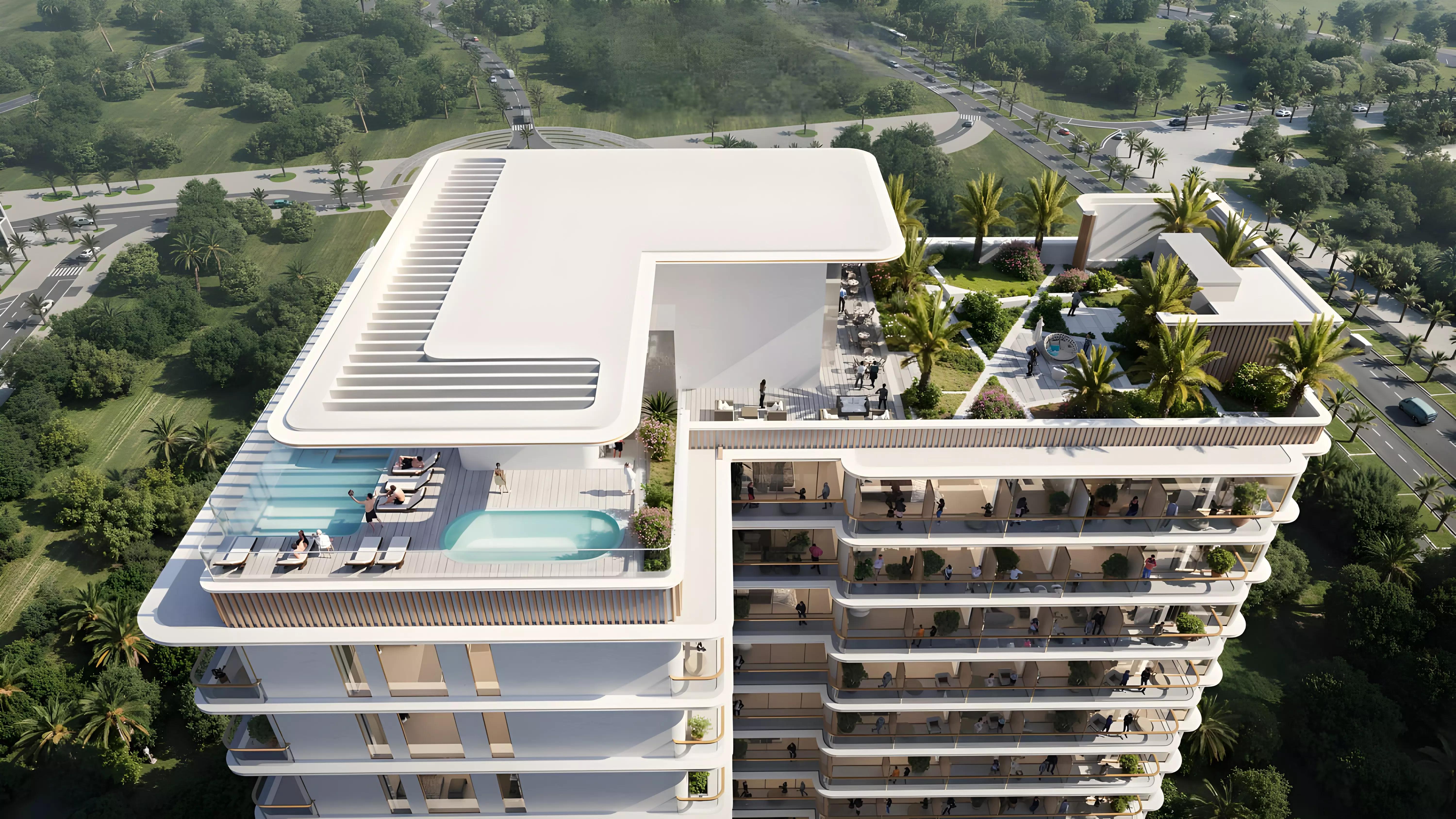 Celesto Tower amenity deck and pool area, Dubai Land Residence Complex, Dubai