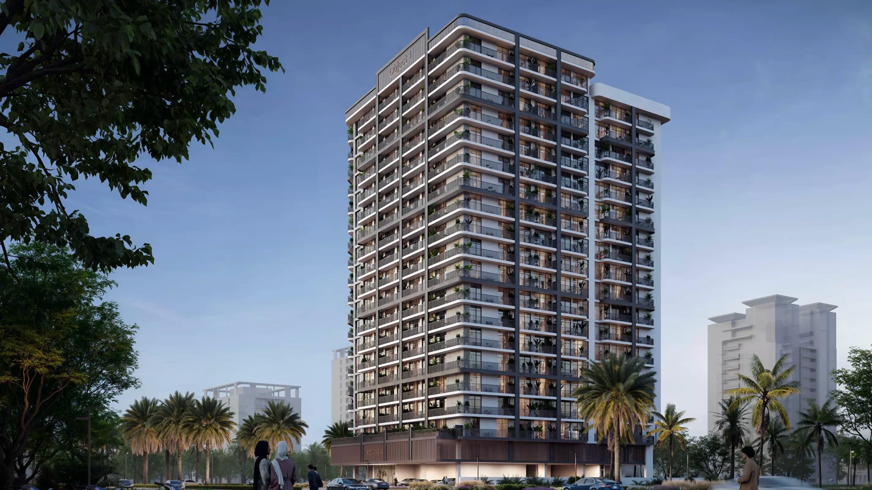 Exterior facade of VERDAN1A Phase 4 apartment building, Dubai Land Residence Complex, Dubai