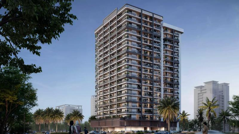 Exterior facade of VERDAN1A Phase 4 apartment building, Dubai Land Residence Complex, Dubai