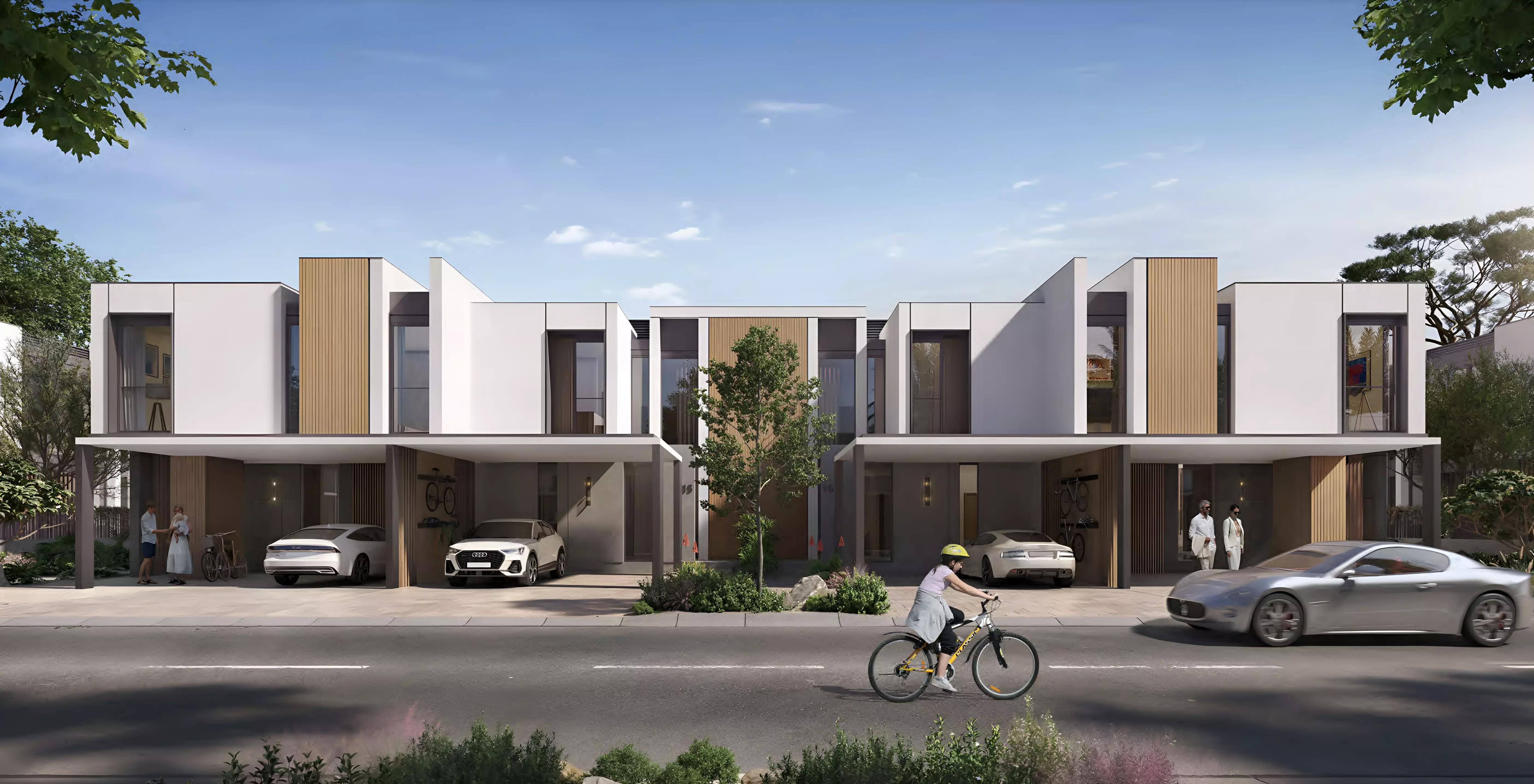 Diagon at Athlon community street view with townhouse row, Dubai