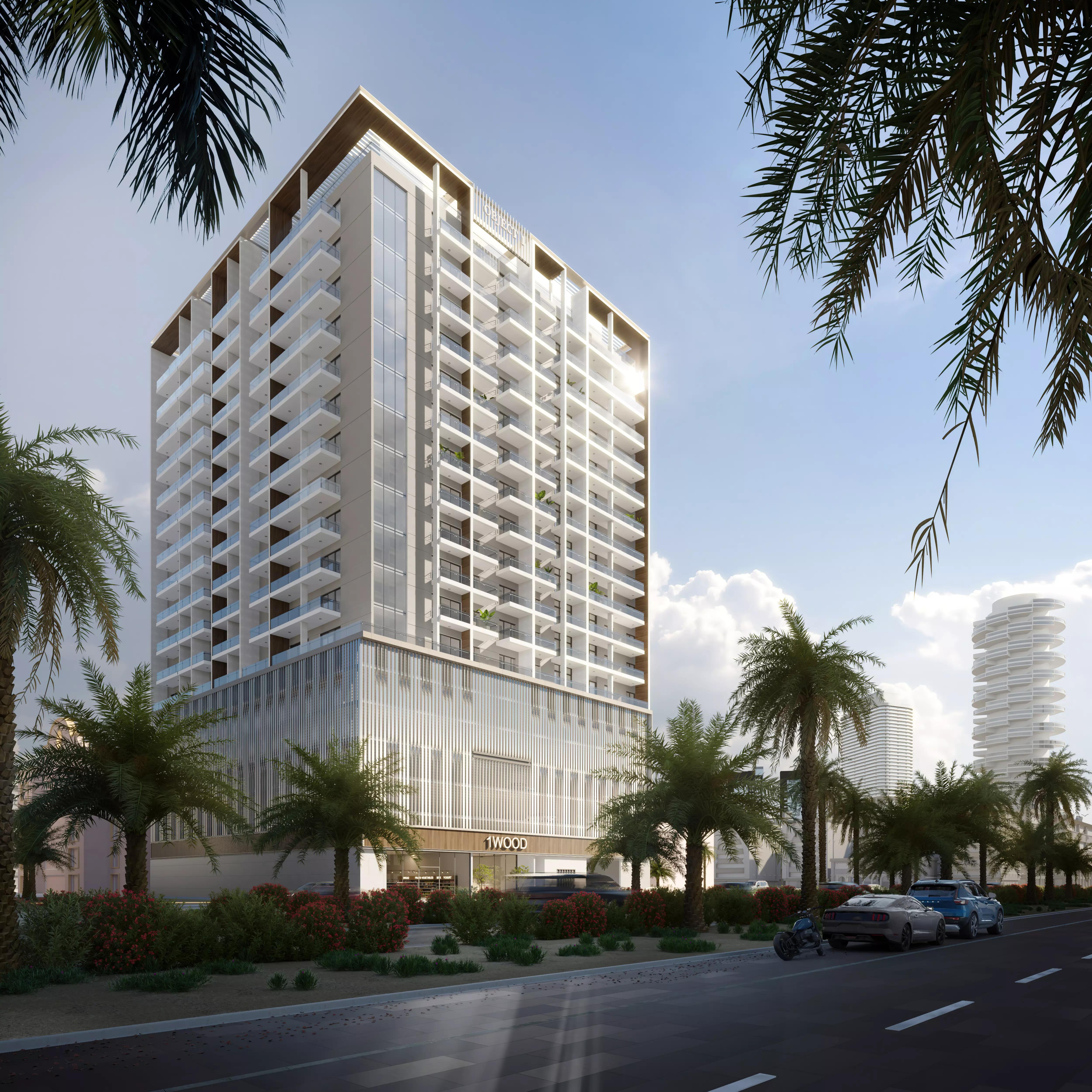 1Wood Residence shared swimming pool deck, JVC, Dubai