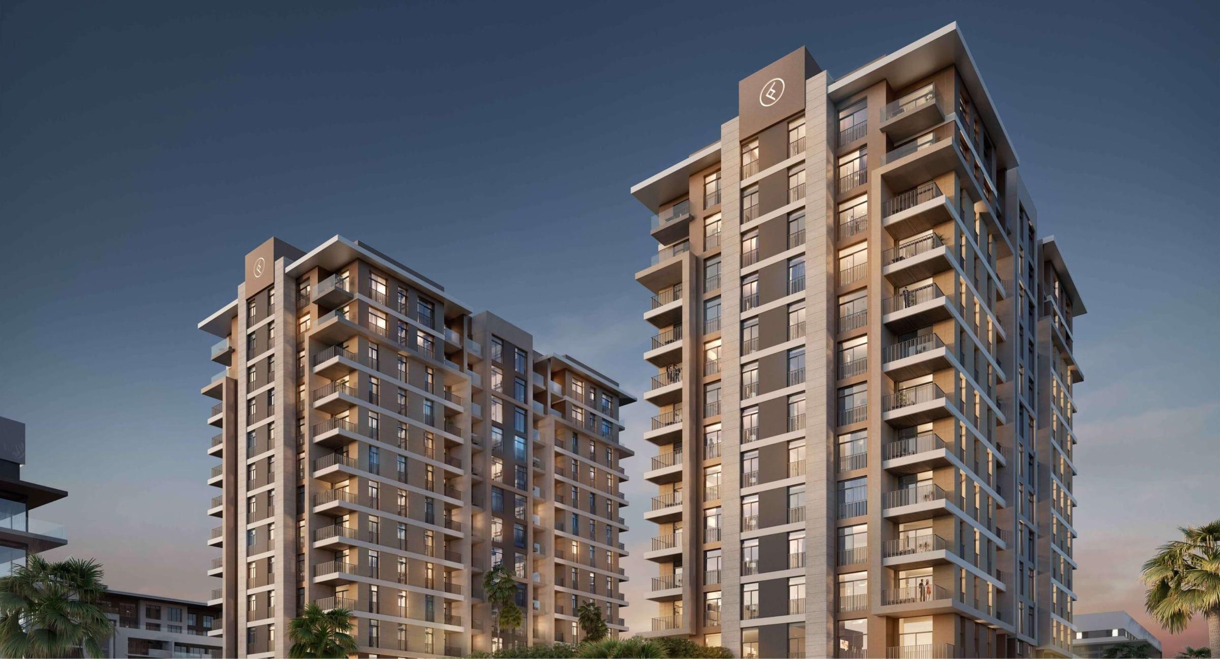 Wilton Terraces by Ellington exterior facade at dusk, MBR City Dubai