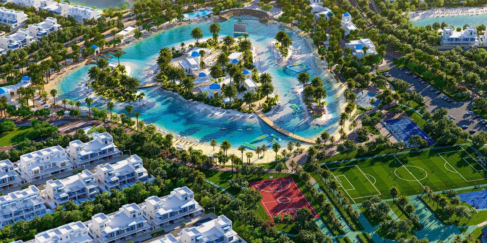 Santorini townhouse row facing a lagoon at DAMAC Lagoons, Dubai