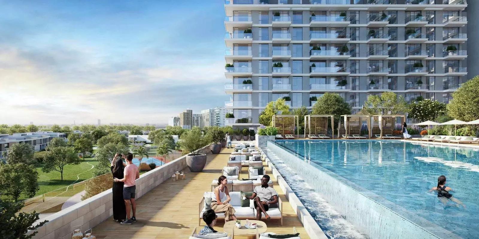 Golf Grand infinity pool deck with landscaped surroundings, Dubai Hills Estate