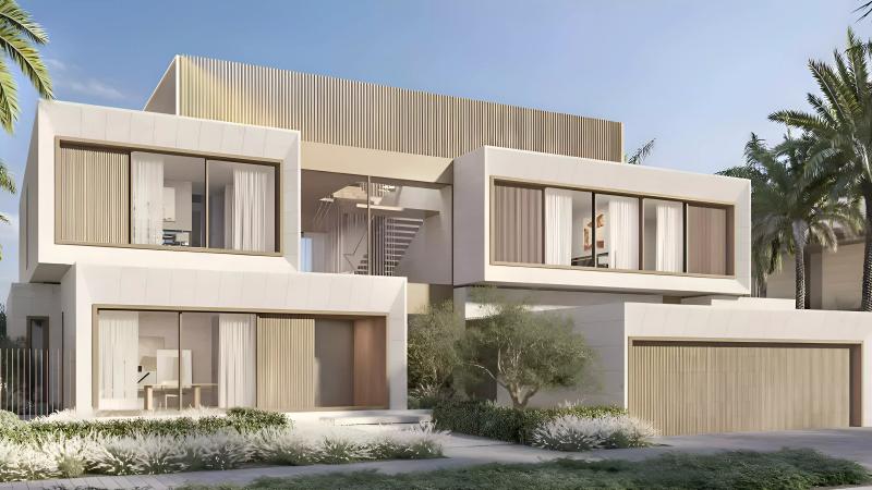 Aerial view of Palm Jebel Ali Frond N villa plots along the waterfront