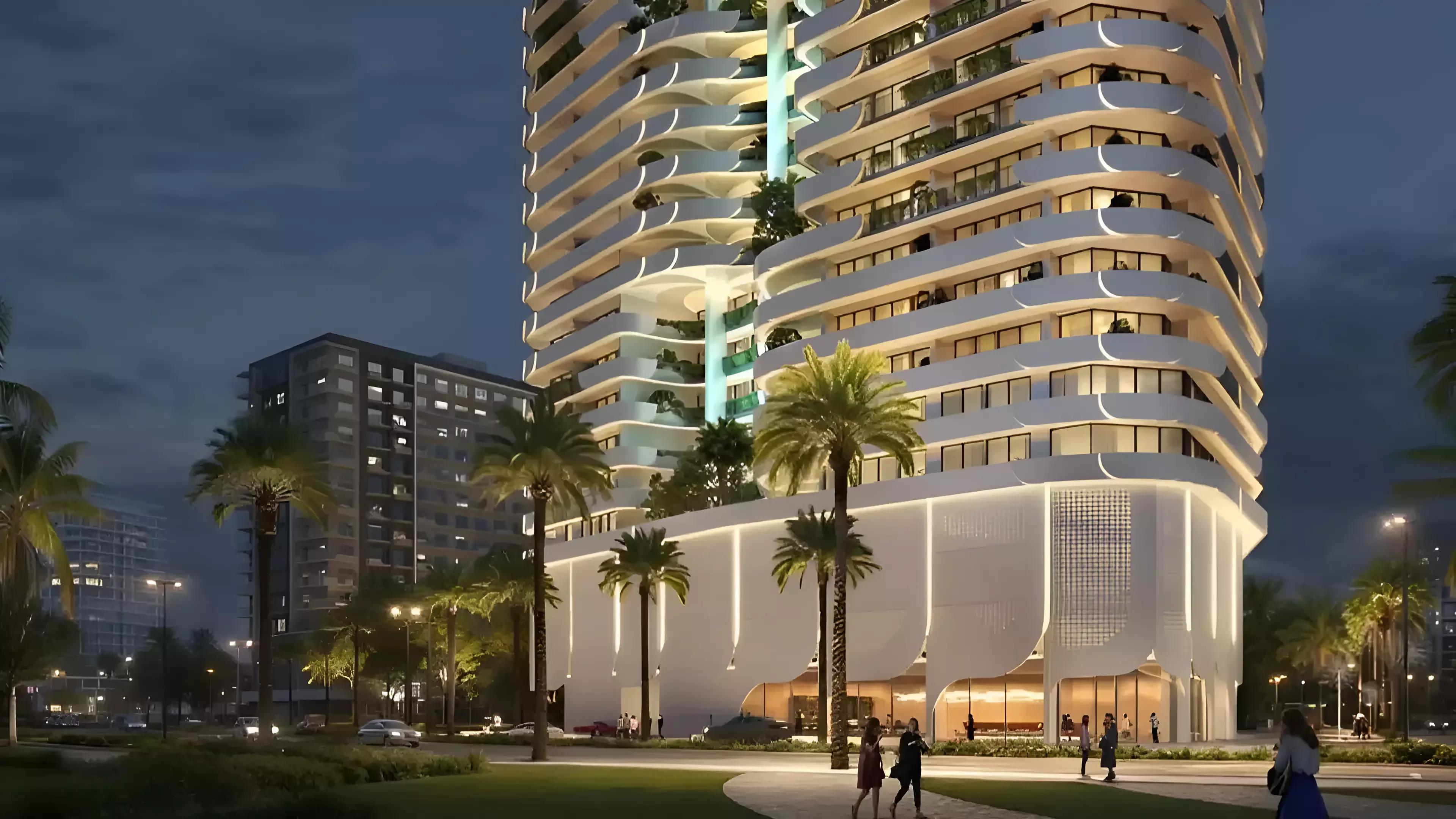 Exterior facade of Weybridge Gardens Phase 4 apartment building, Dubai Land Residence Complex