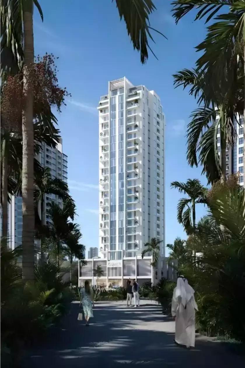 RA1N Residence residential tower street-level view, JVC District 12, Dubai
