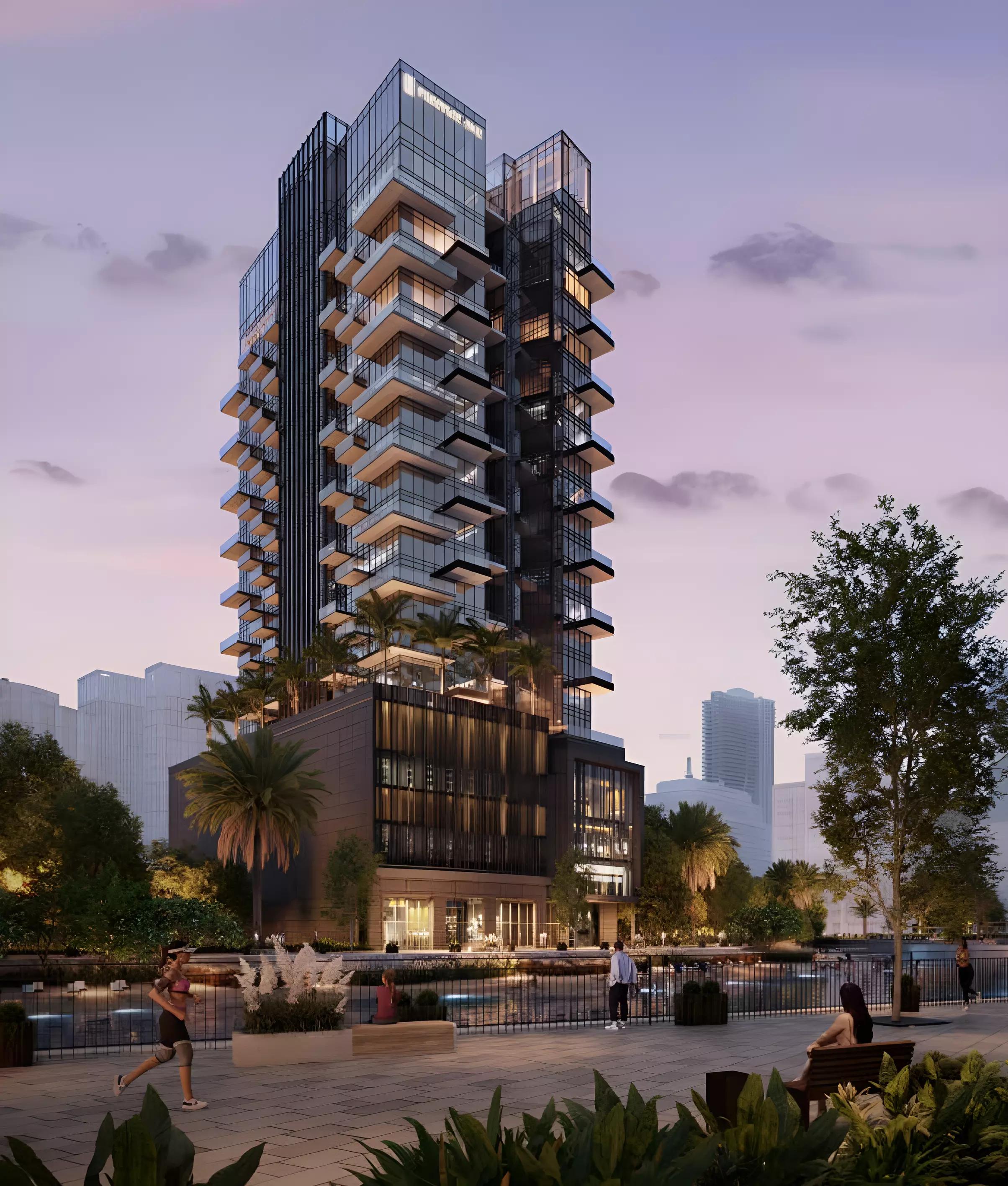 The Waterway building elevation with waterfront surroundings, Bukadra, Dubai