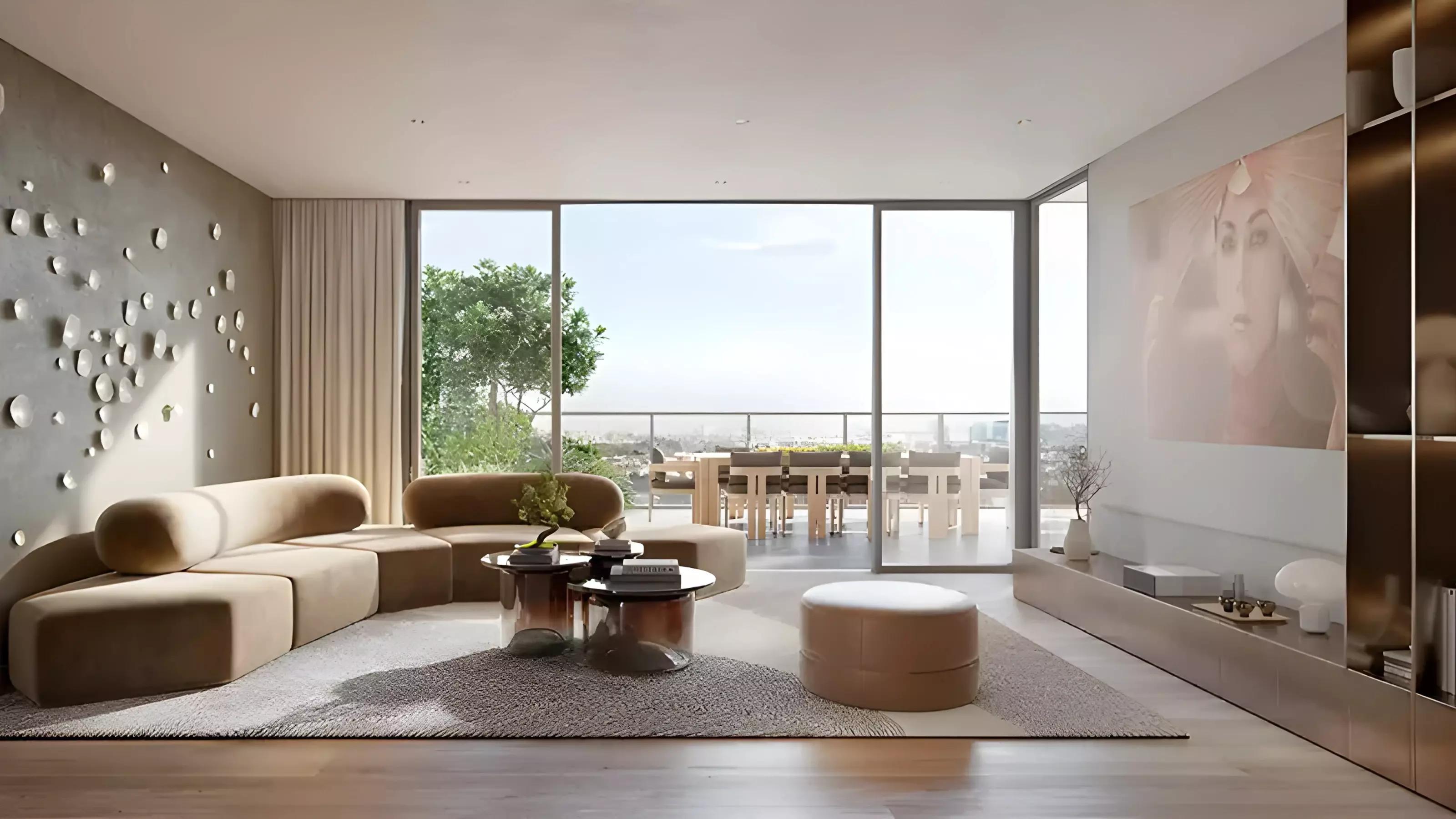 Apartment interior living space render, Symphony by Chaimaa, Majan