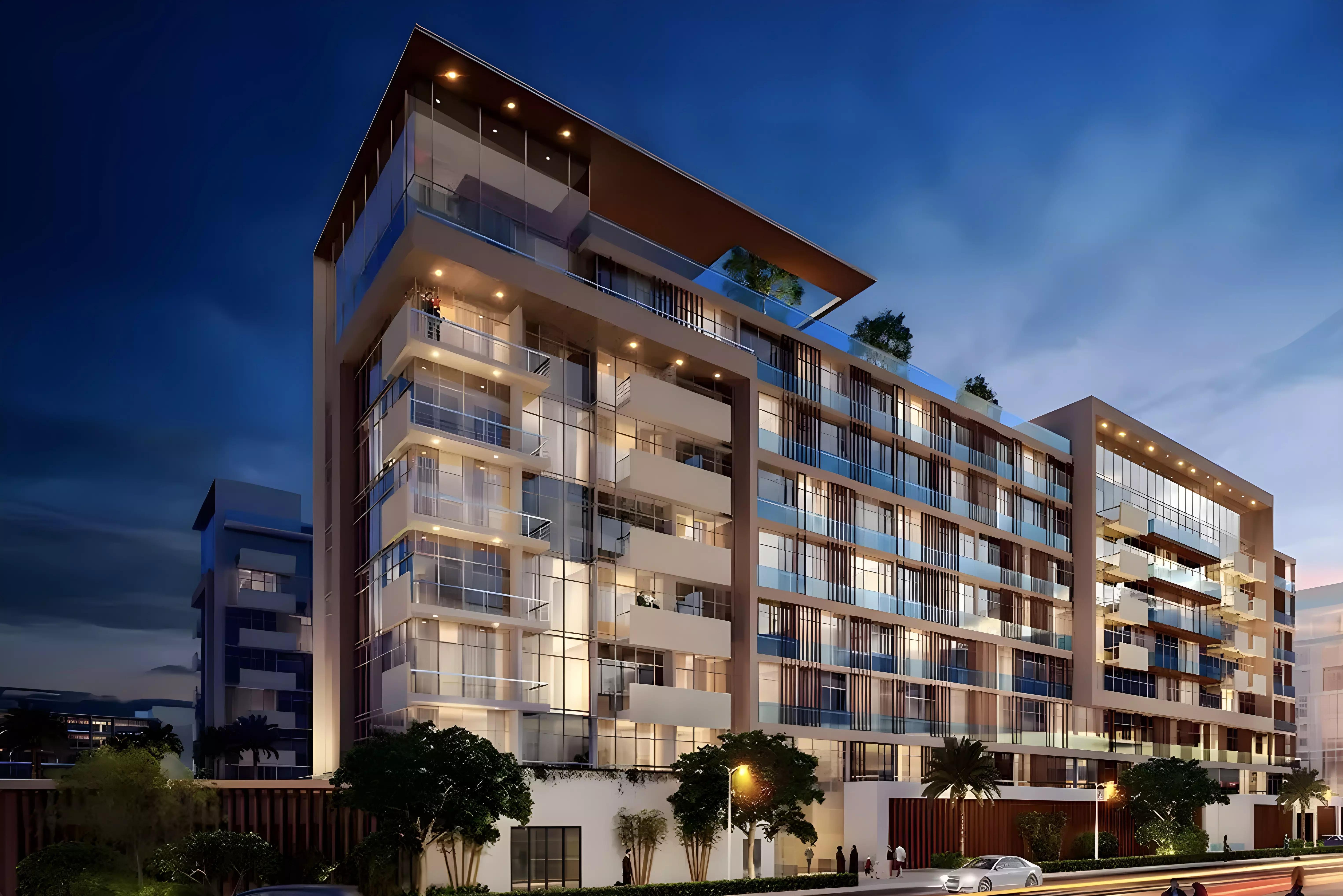 Exterior view of Azizi Riviera 18 apartment building along the Meydan canal