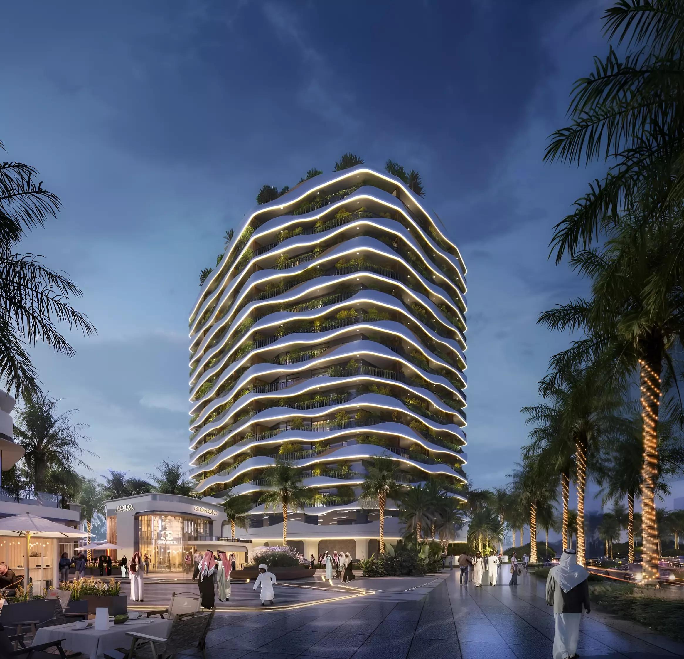 Forest City Tower 2 building elevation view, Dubai Land Residence Complex