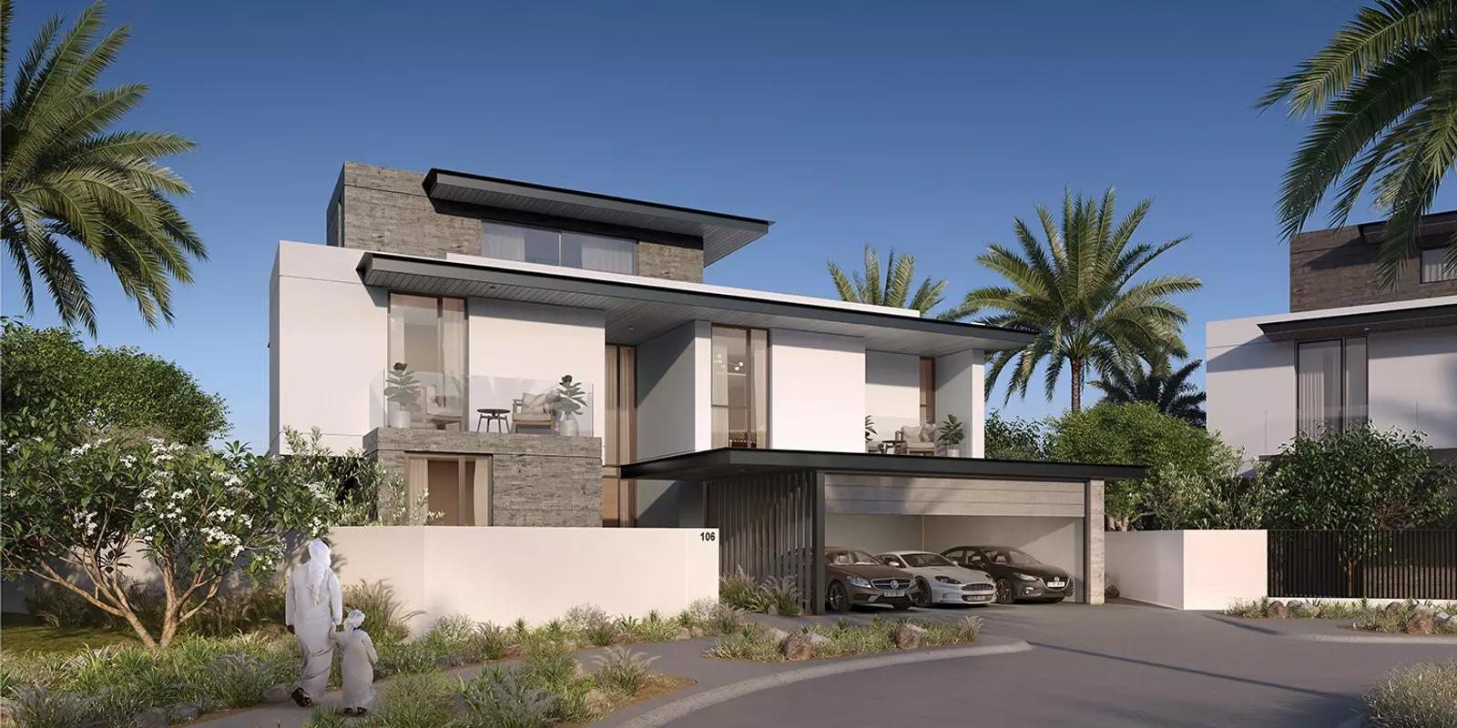 Farm Gardens villa facade and driveway, The Valley, Dubai