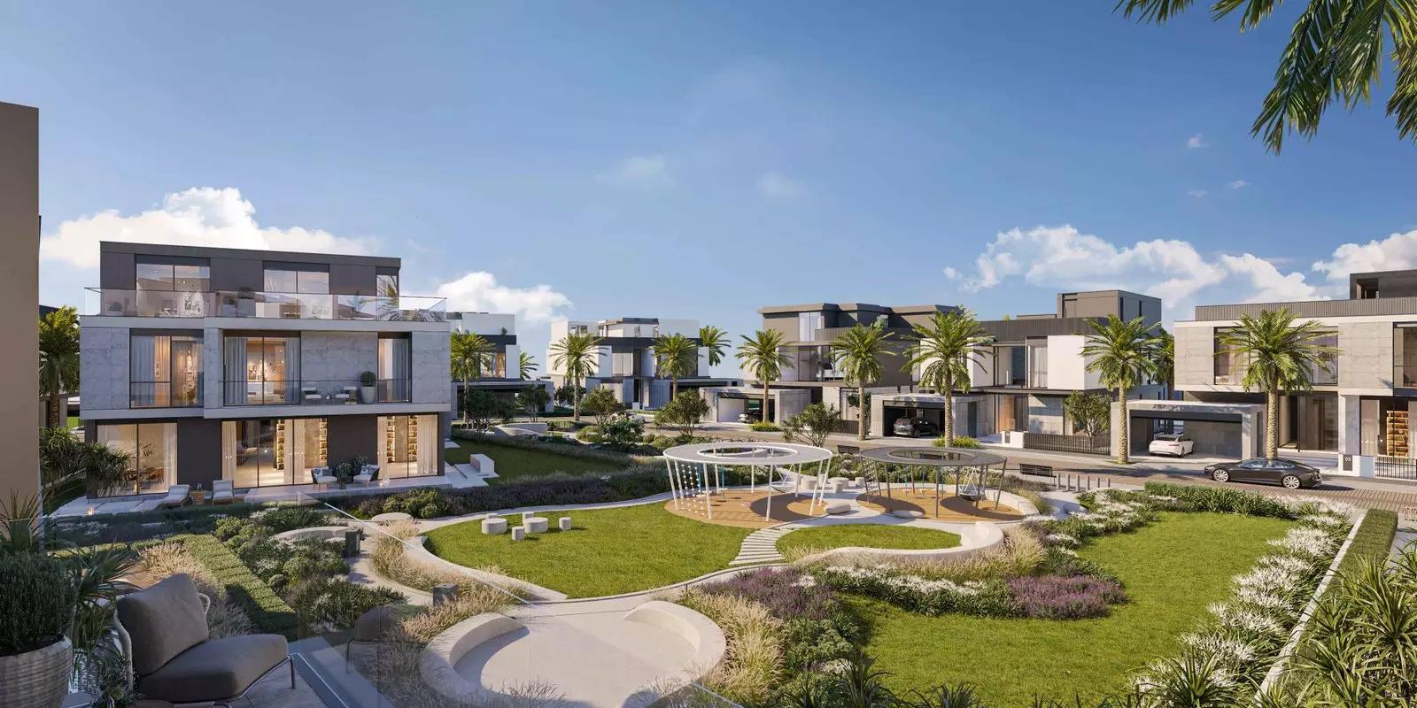 Villa facade and driveway at The Waterside Villas, District 11, Dubai