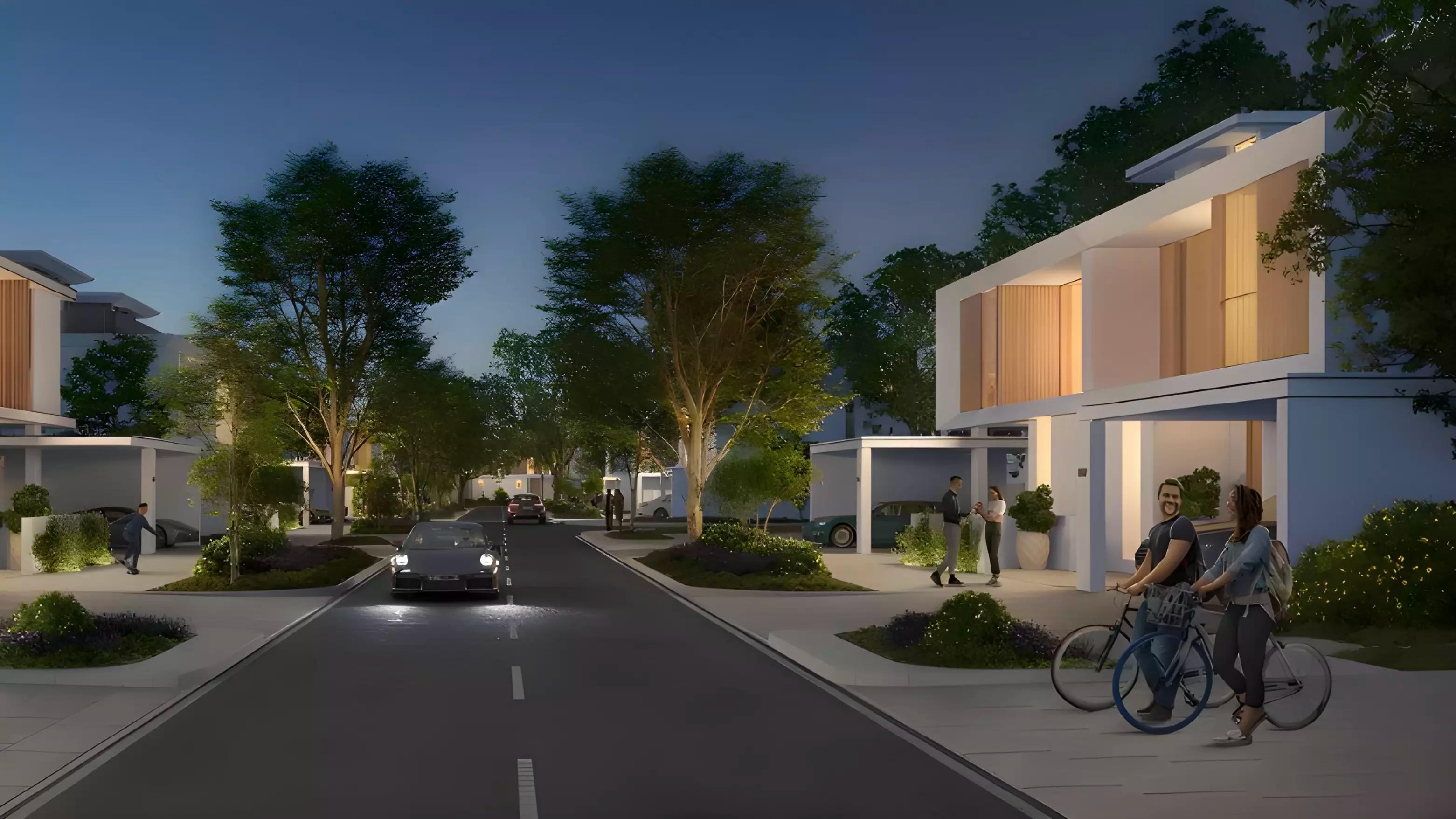 The Valley West townhouse exterior with landscaped street frontage, The Valley, Dubai