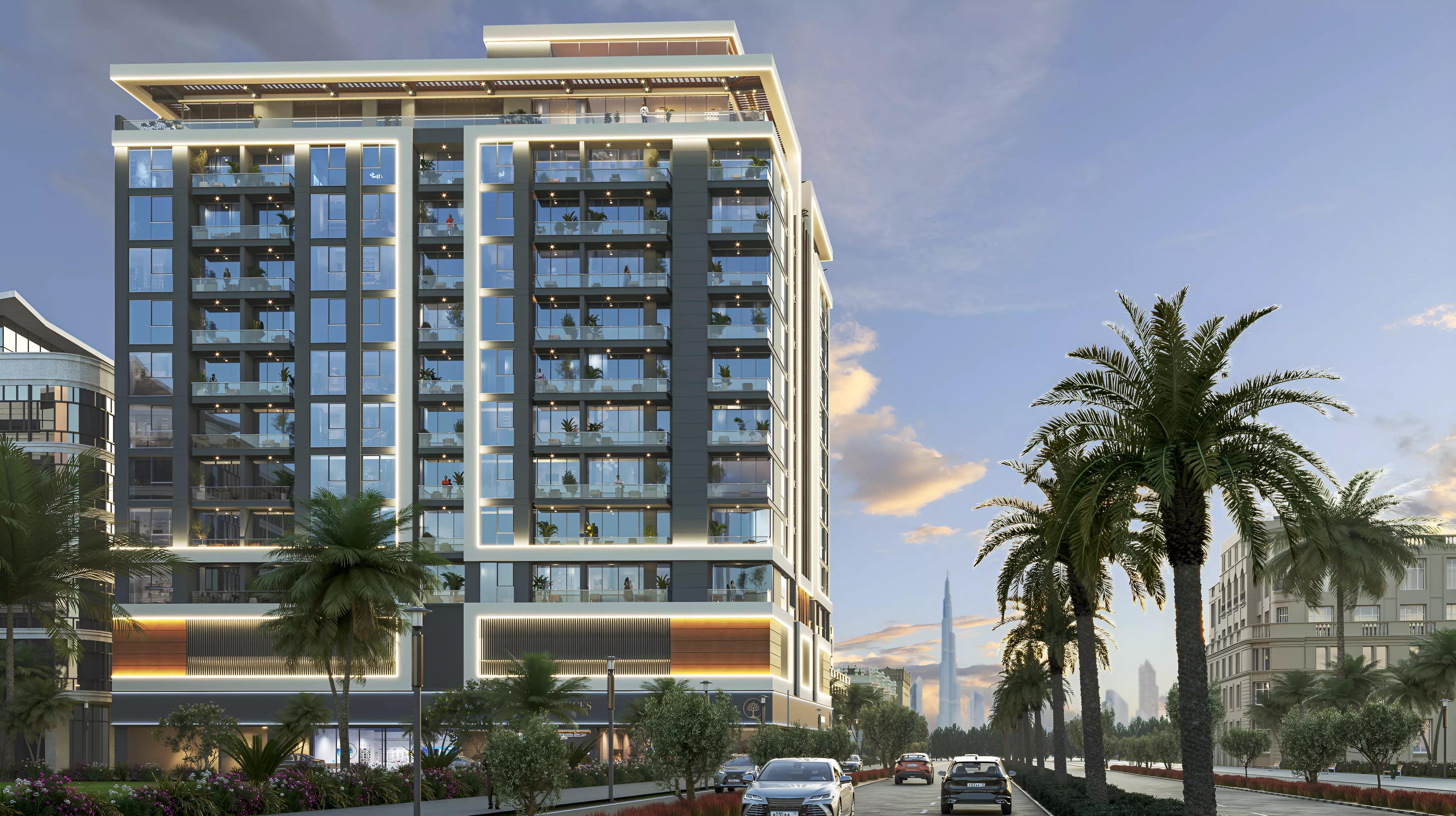 Olivo Park Residences building entrance and driveway, JVC, Dubai