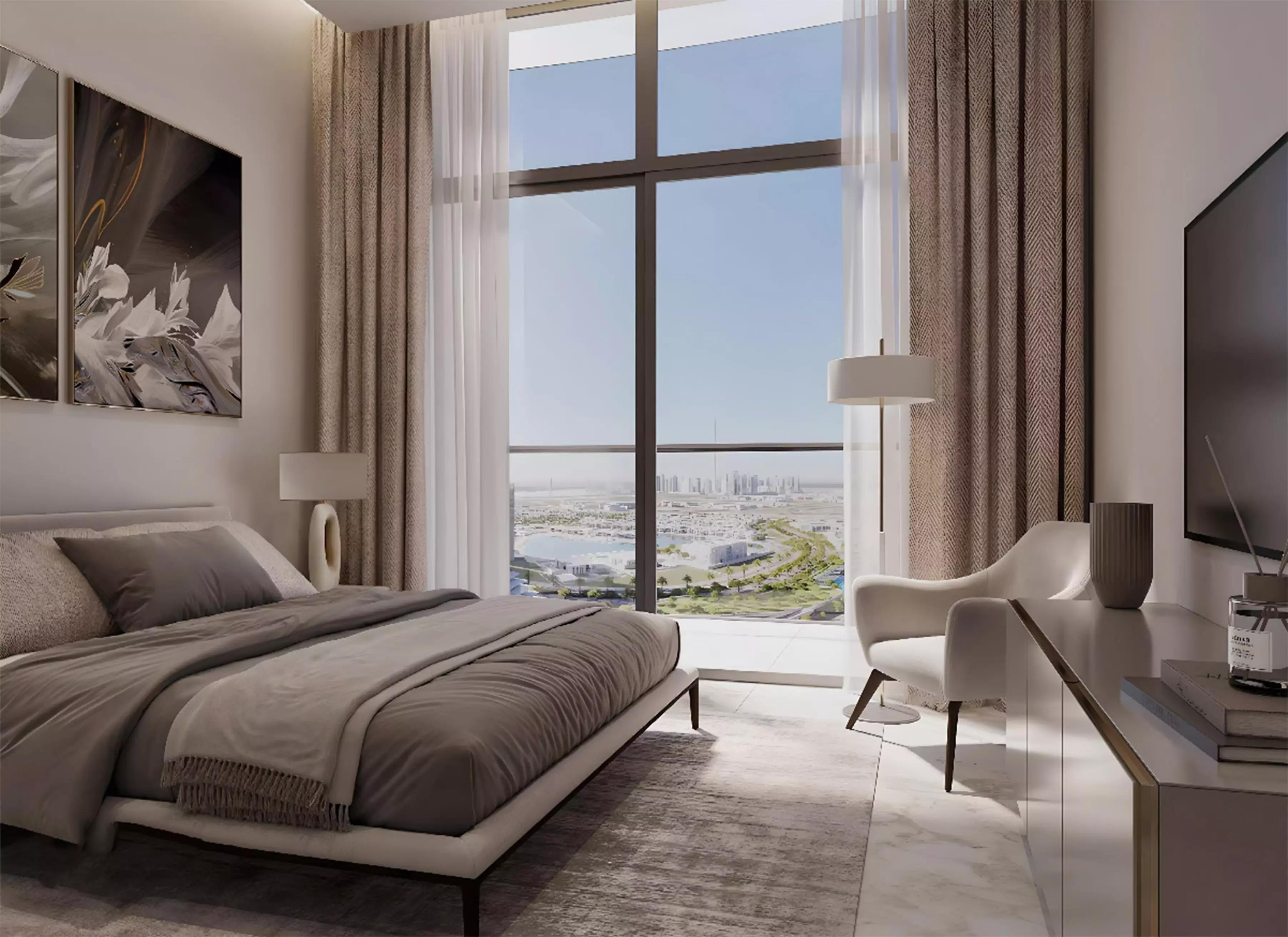 Bedroom interior at 320 Riverside Crescent, Sobha Hartland II, Dubai