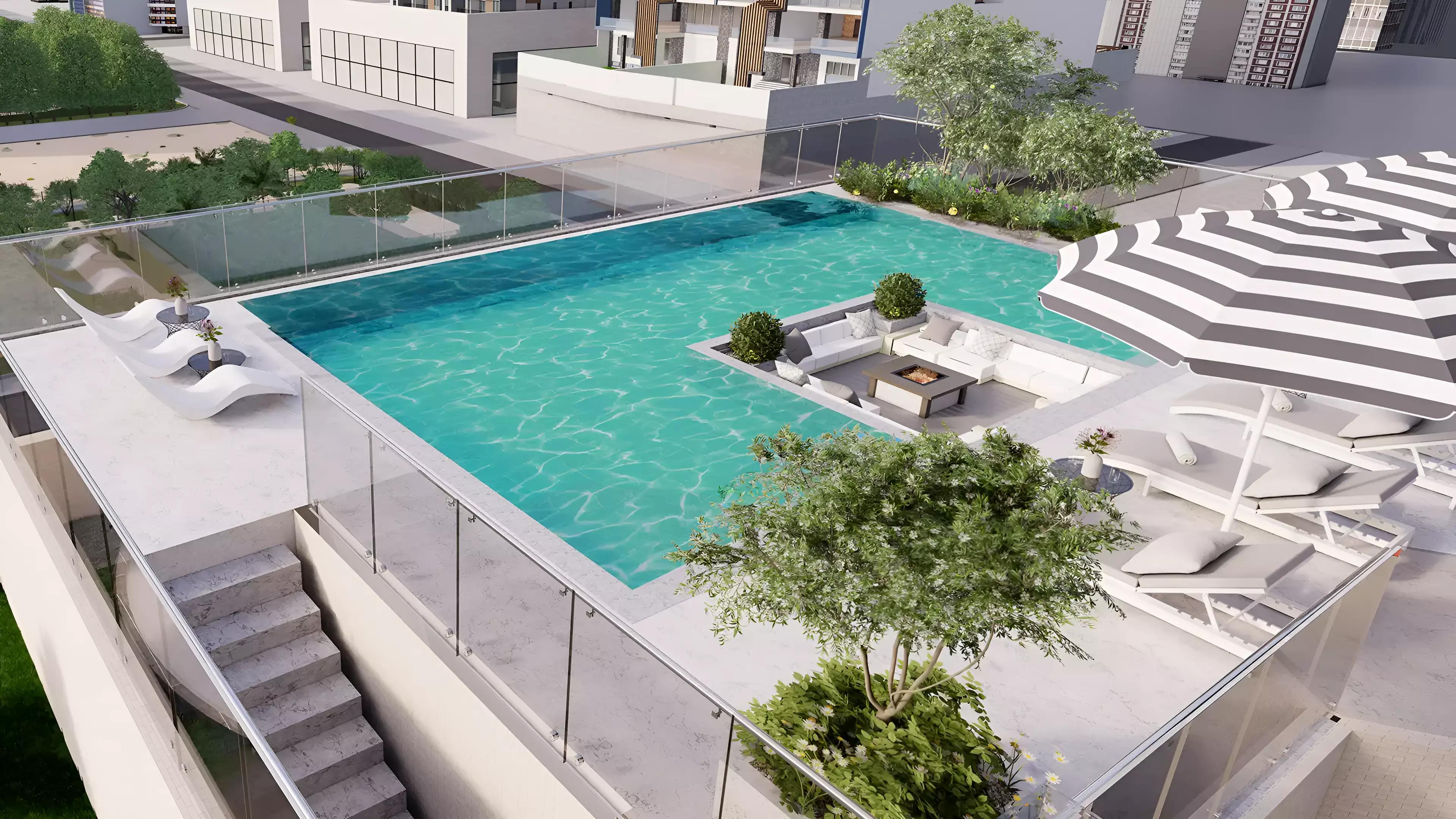 Shared swimming pool deck at 7 Park Central, JVC, Dubai