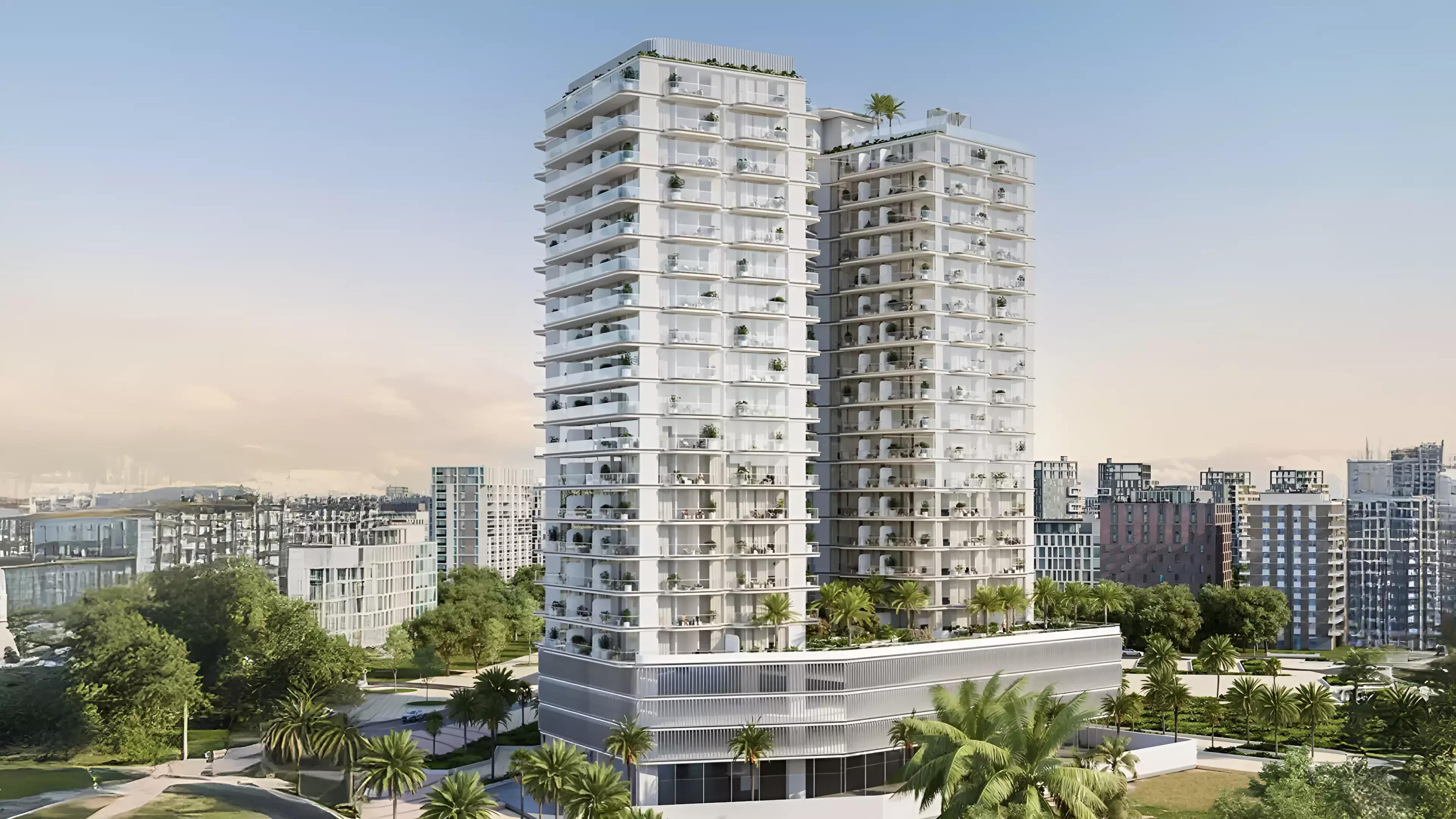 Cove Grand tower exterior at Dubai Land Residence Complex