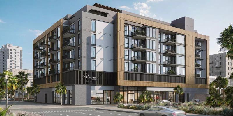 Riviera Chalet exterior facade, low-rise residential building in Jumeirah Village Circle, Dubai