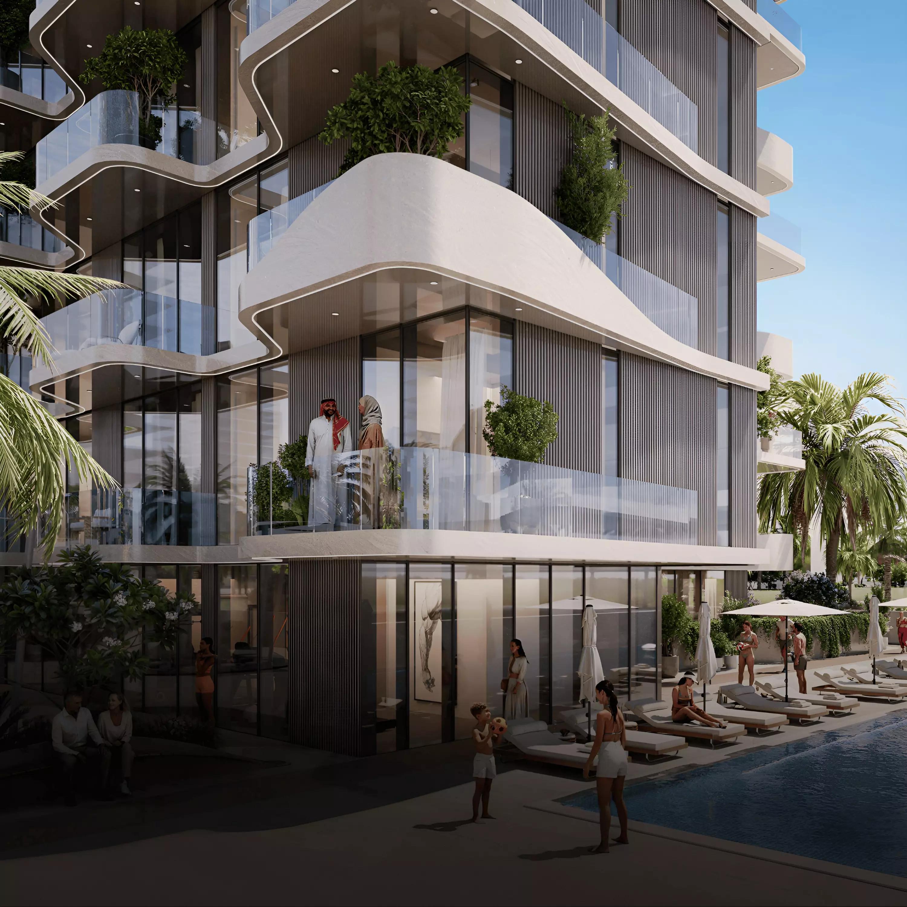 Helvetia Verde landscaped grounds and pool deck, Meydan Horizon, Dubai