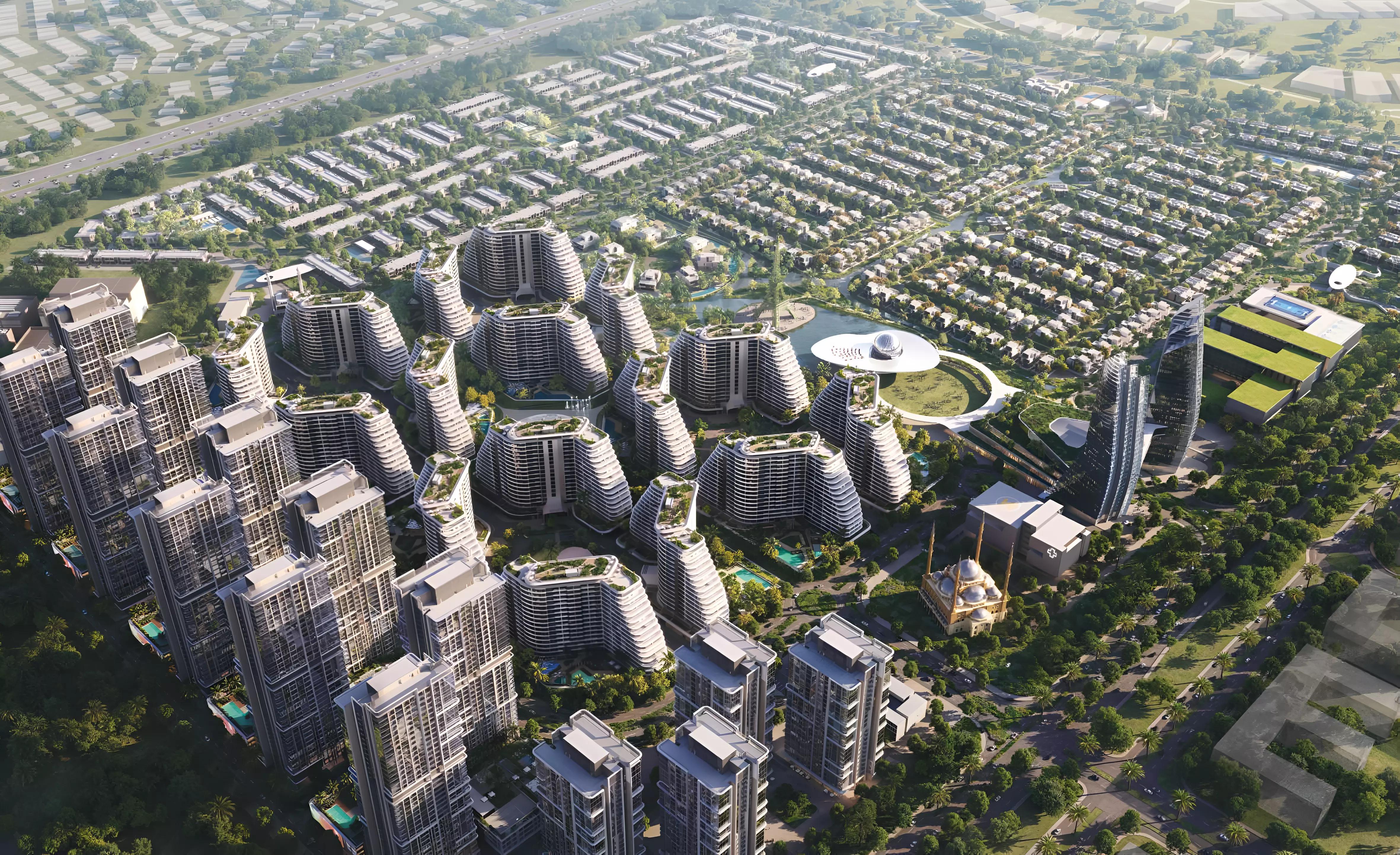 Cascada residential facade with landscaped surroundings, Dubai South