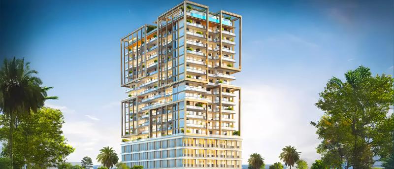 Celesto Tower 3 apartment exterior render, Dubai Land Residence Complex, Dubai