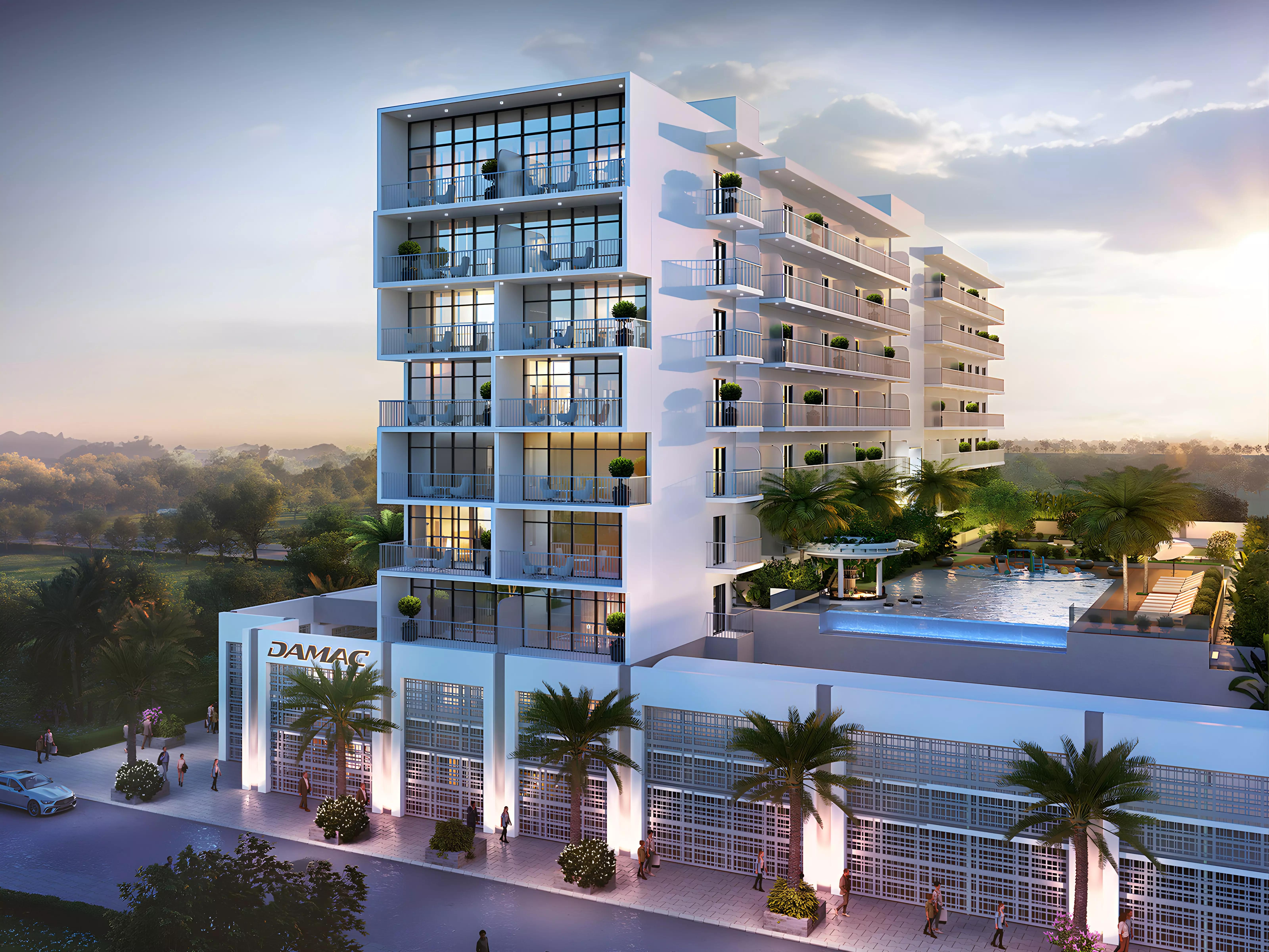 Evergreens building entrance and driveway, DAMAC Hills, Dubai