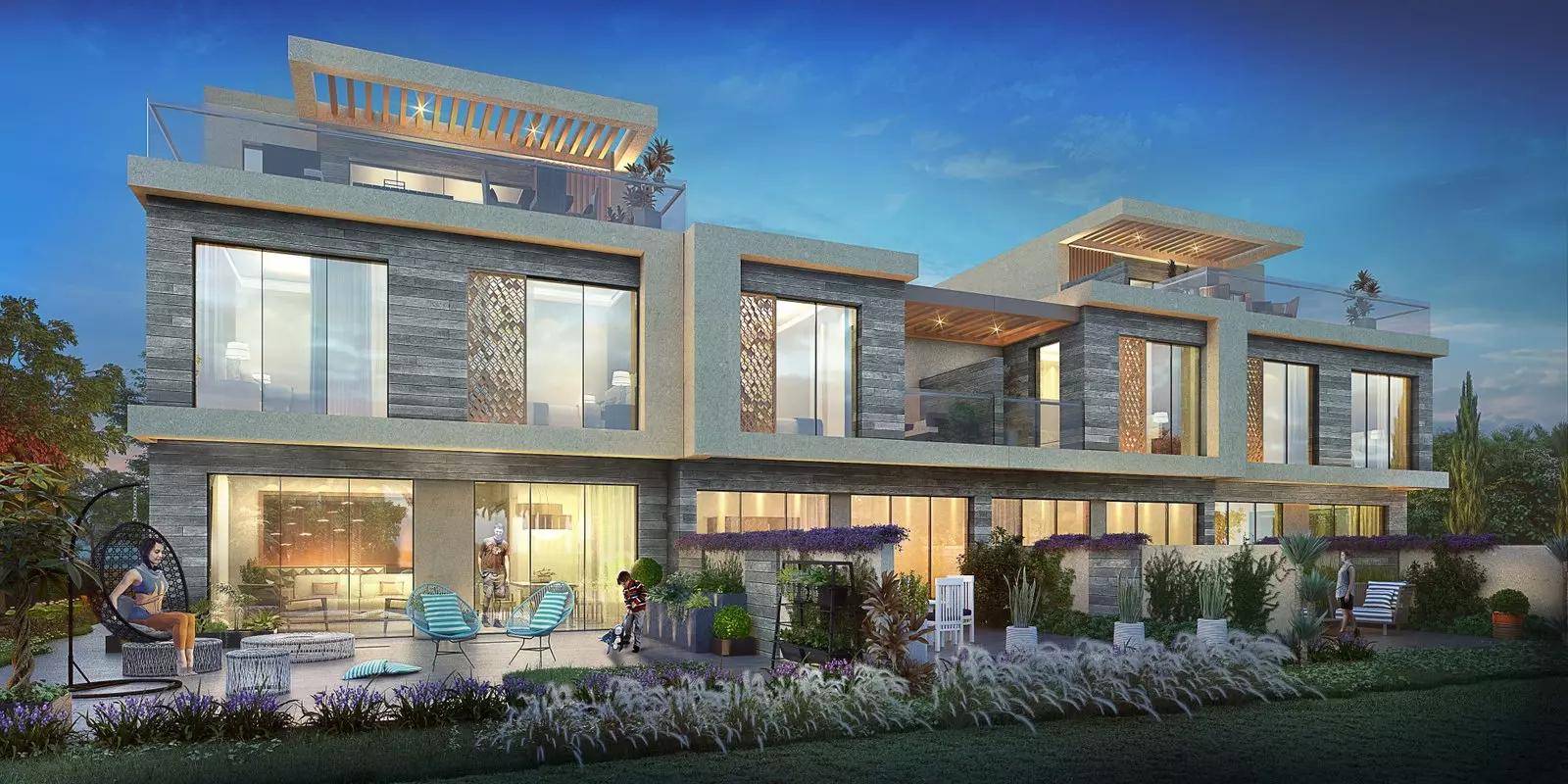 The Legends townhouse exterior with landscaped front yard, DAMAC Hills, Dubai