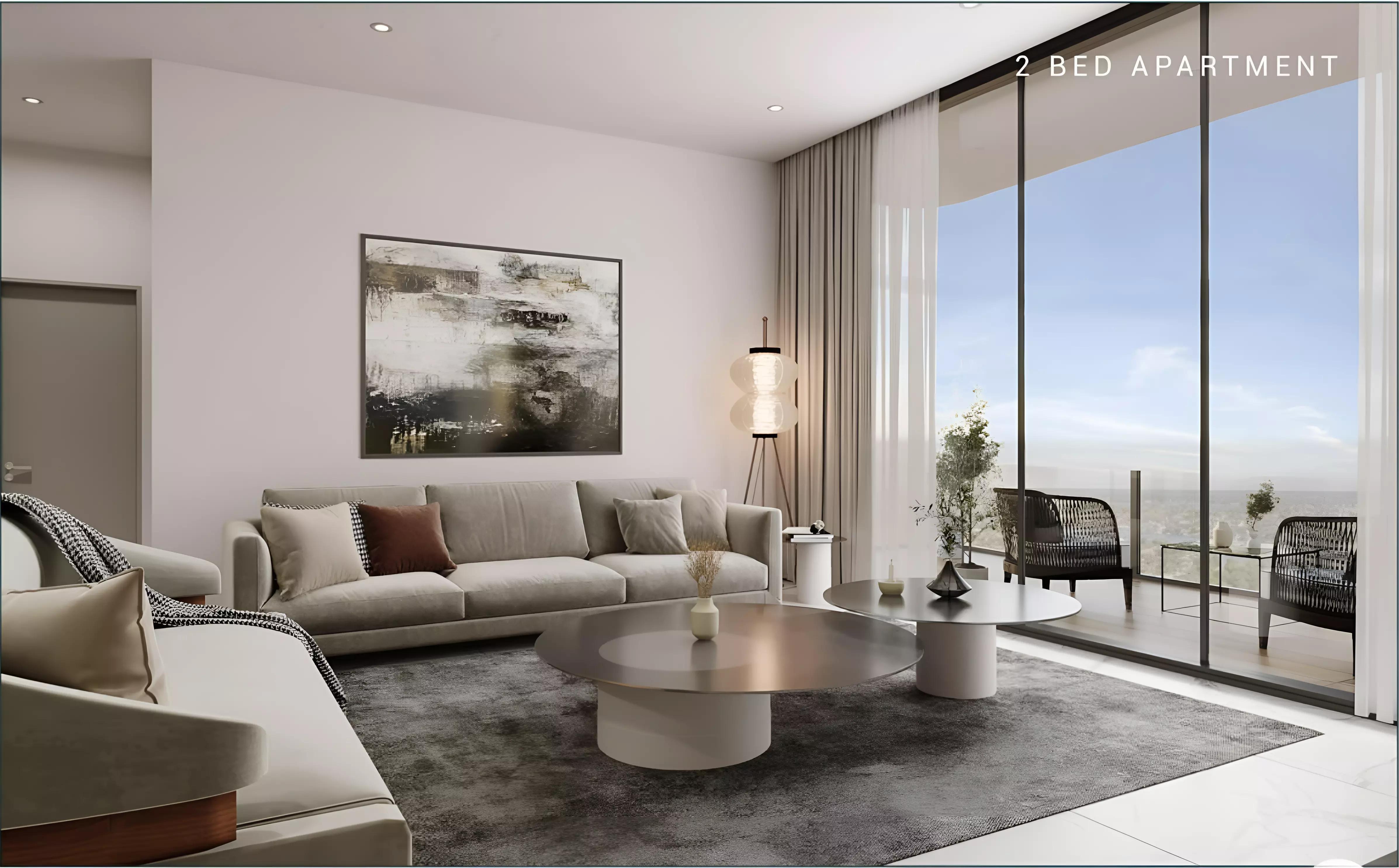 Milos by Karma interior living room rendering, apartment finish, Dubai