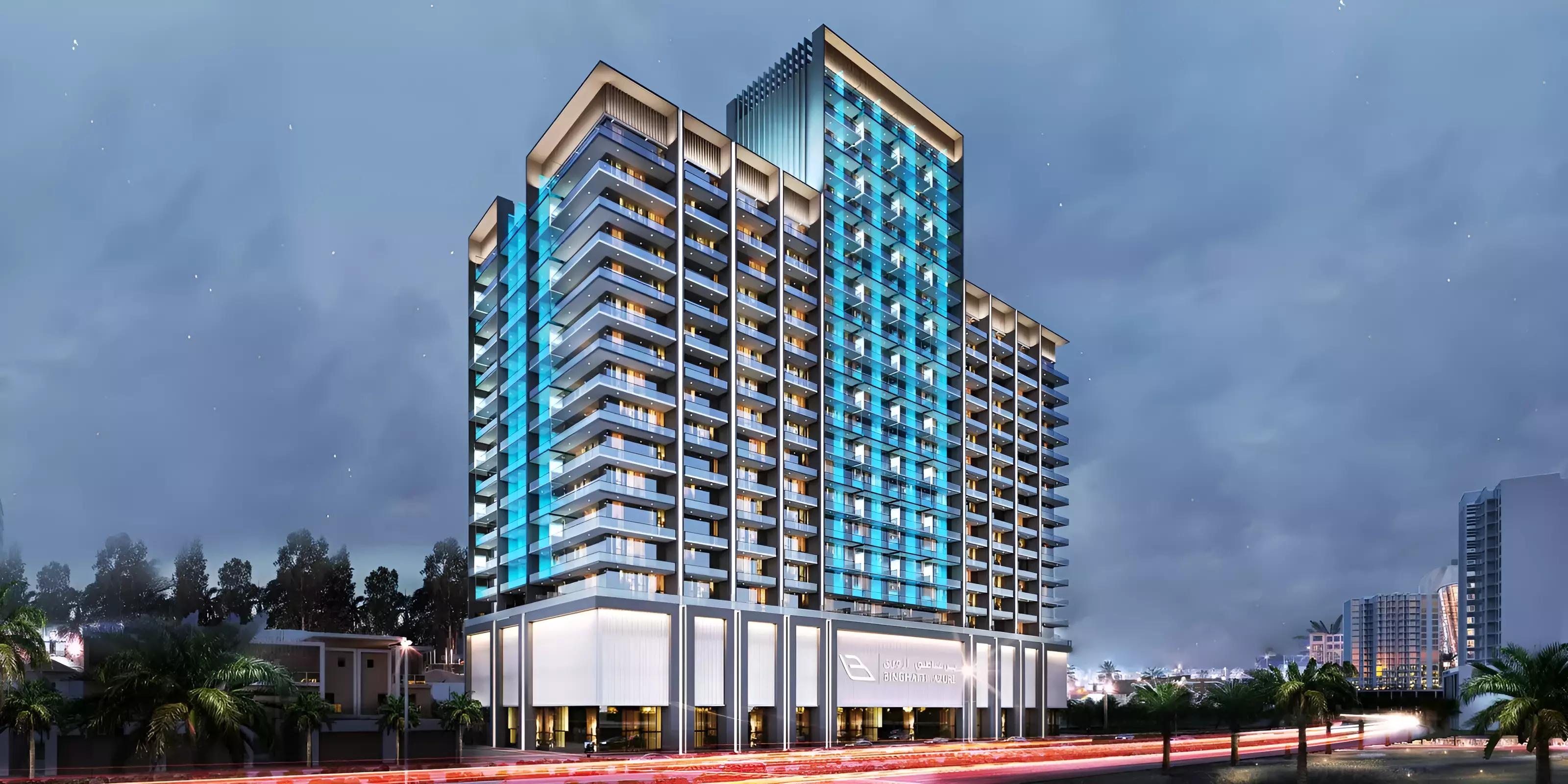 Binghatti Azure exterior facade with geometric design, Jumeirah Village Circle, Dubai