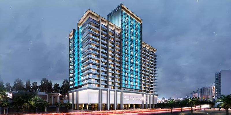 Binghatti Azure exterior facade with geometric design, Jumeirah Village Circle, Dubai