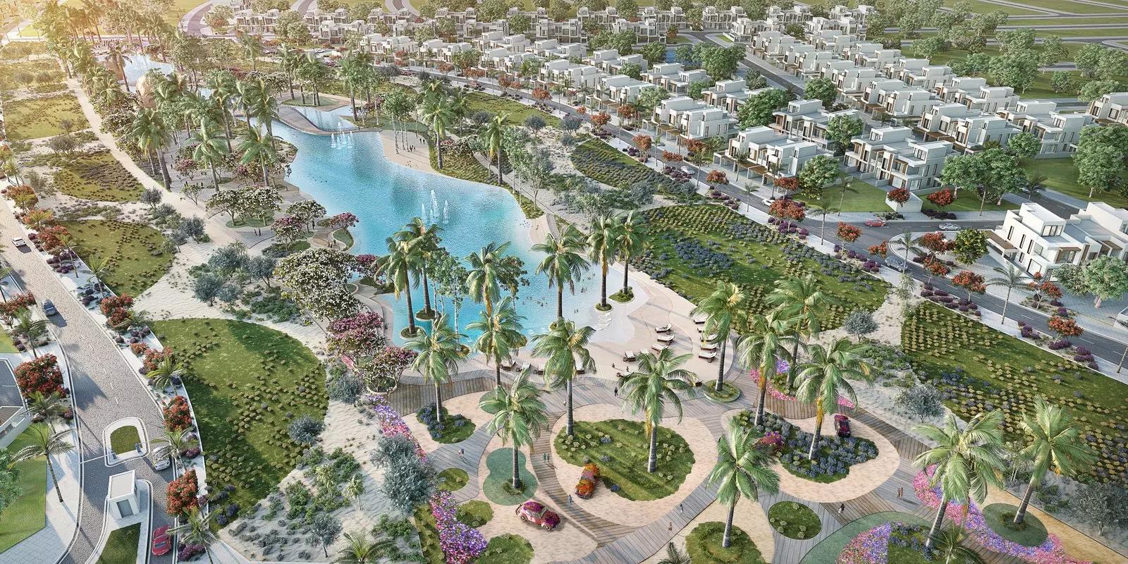 Marbella community pool and lagoon-facing landscaping, DAMAC Lagoons, Dubai