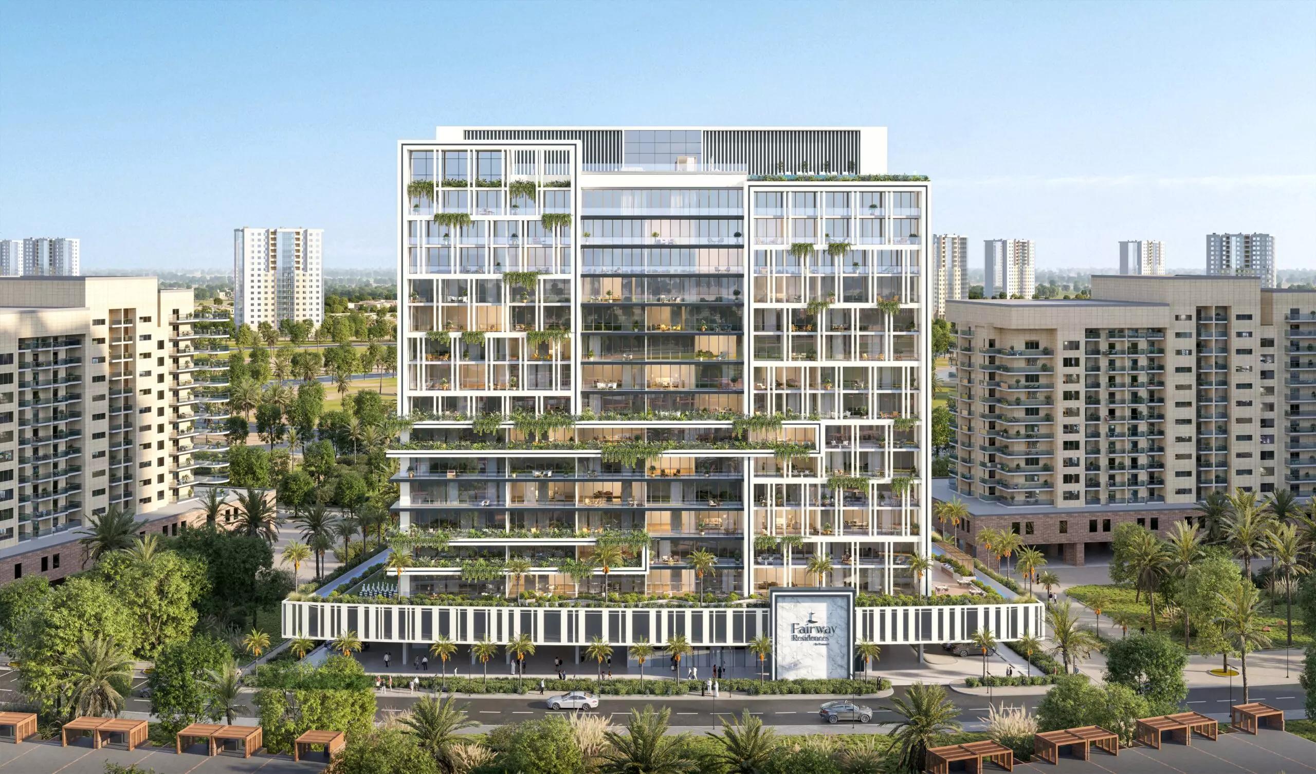 Fairway Residences exterior facade in Dubai Sports City