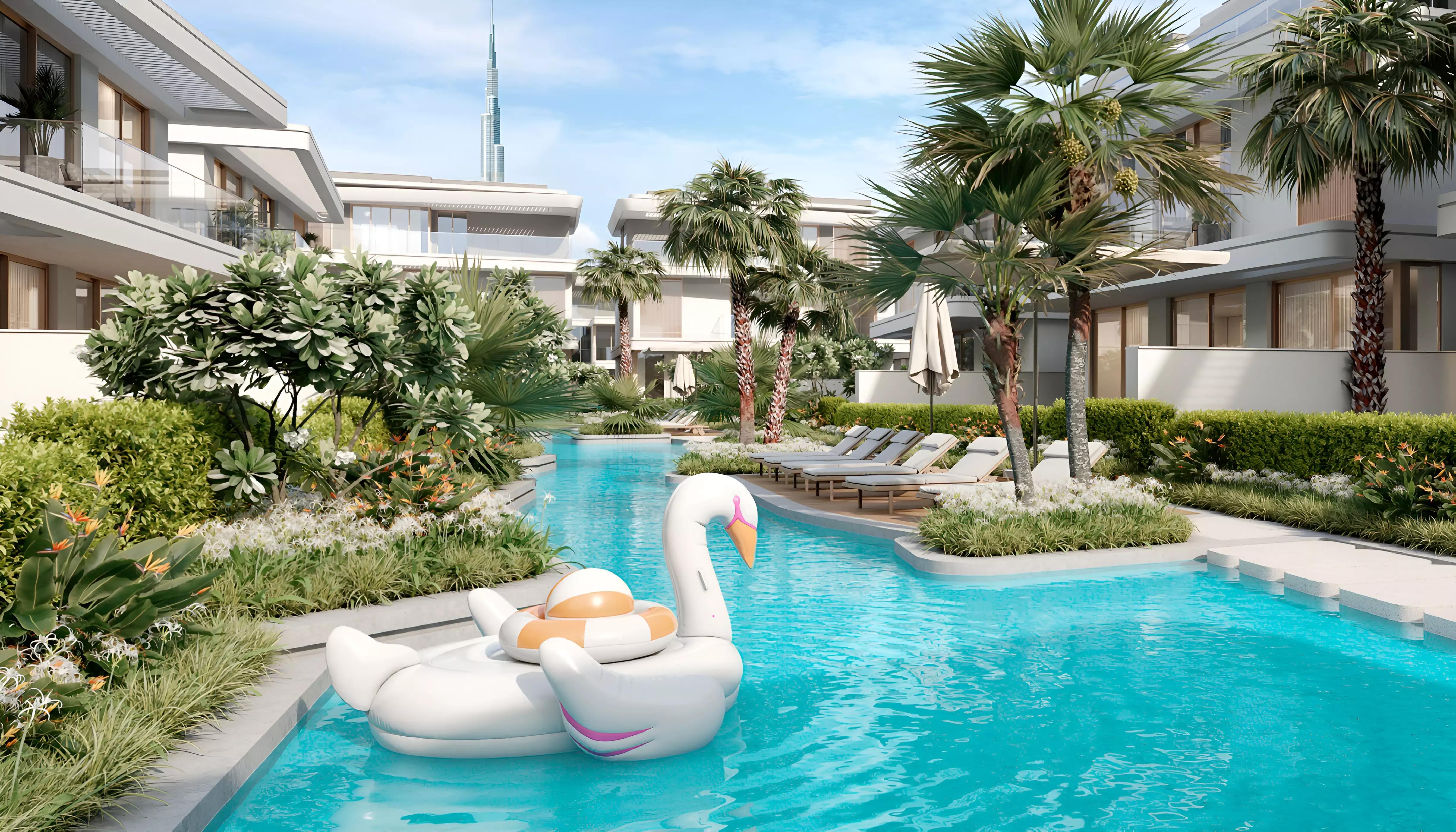 The Woodland Residence villa outdoor terrace and garden area, District 11, MBR City, Dubai