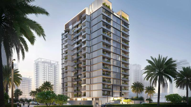 Verdania 1 apartment building exterior in Dubai Land Residence Complex, Dubai