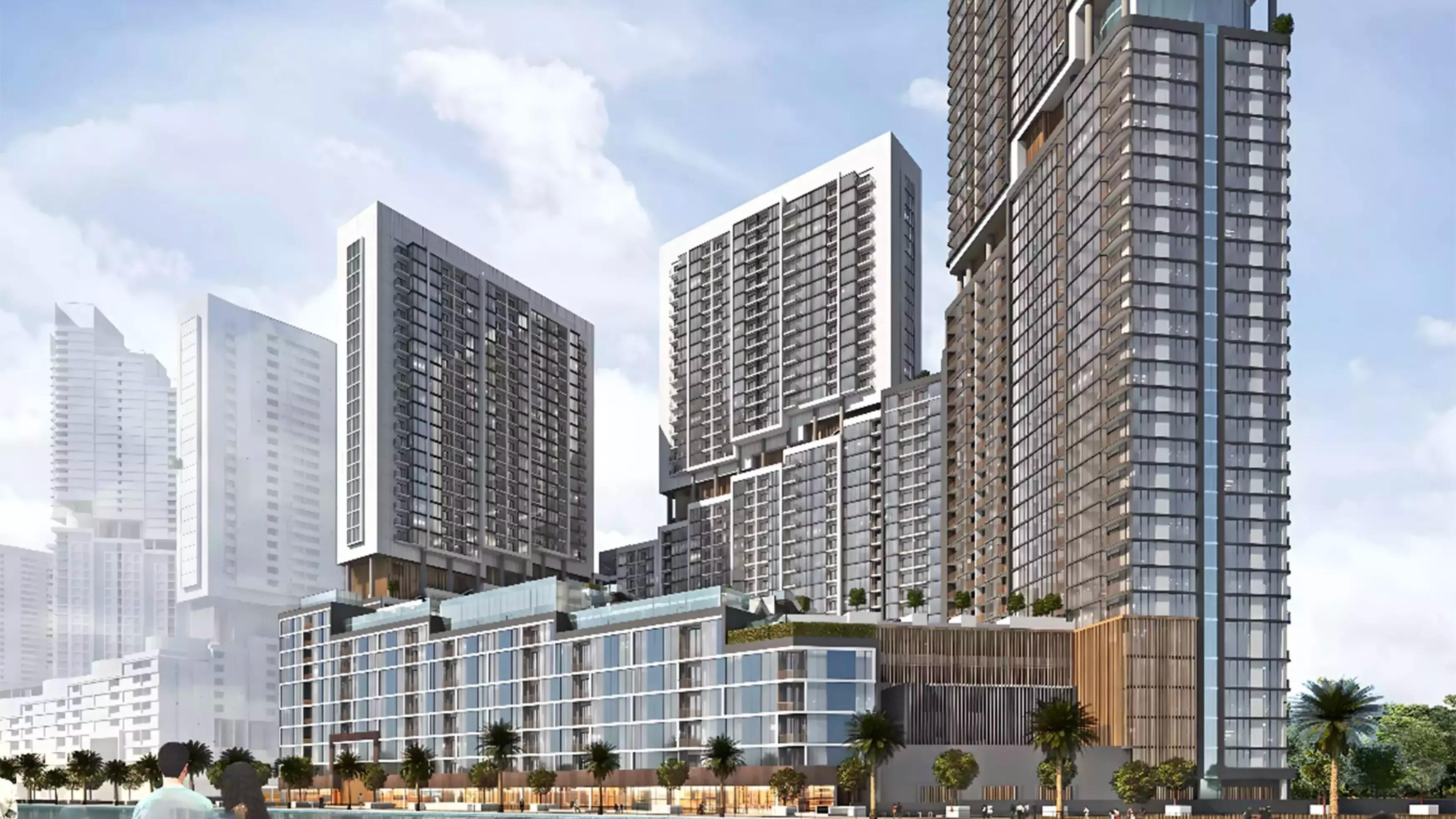 The Crest apartment building facade and landscaping, Sobha Hartland